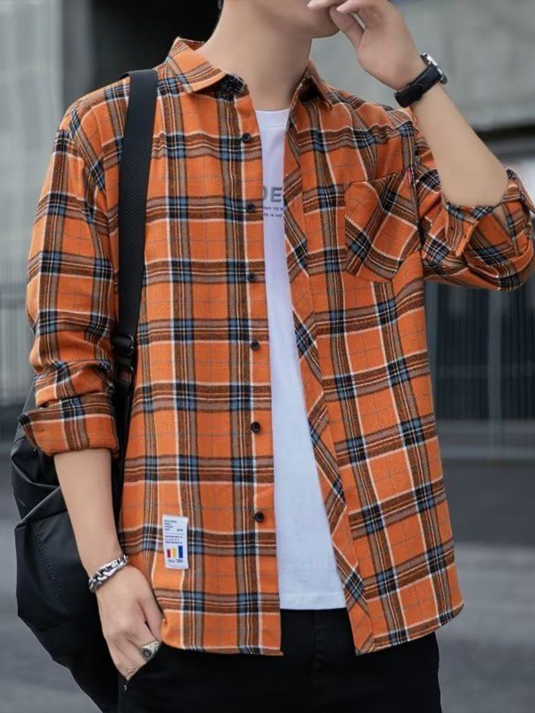 

StyleCast Men Tartan Checks Opaque Checked Casual Shirt, Orange