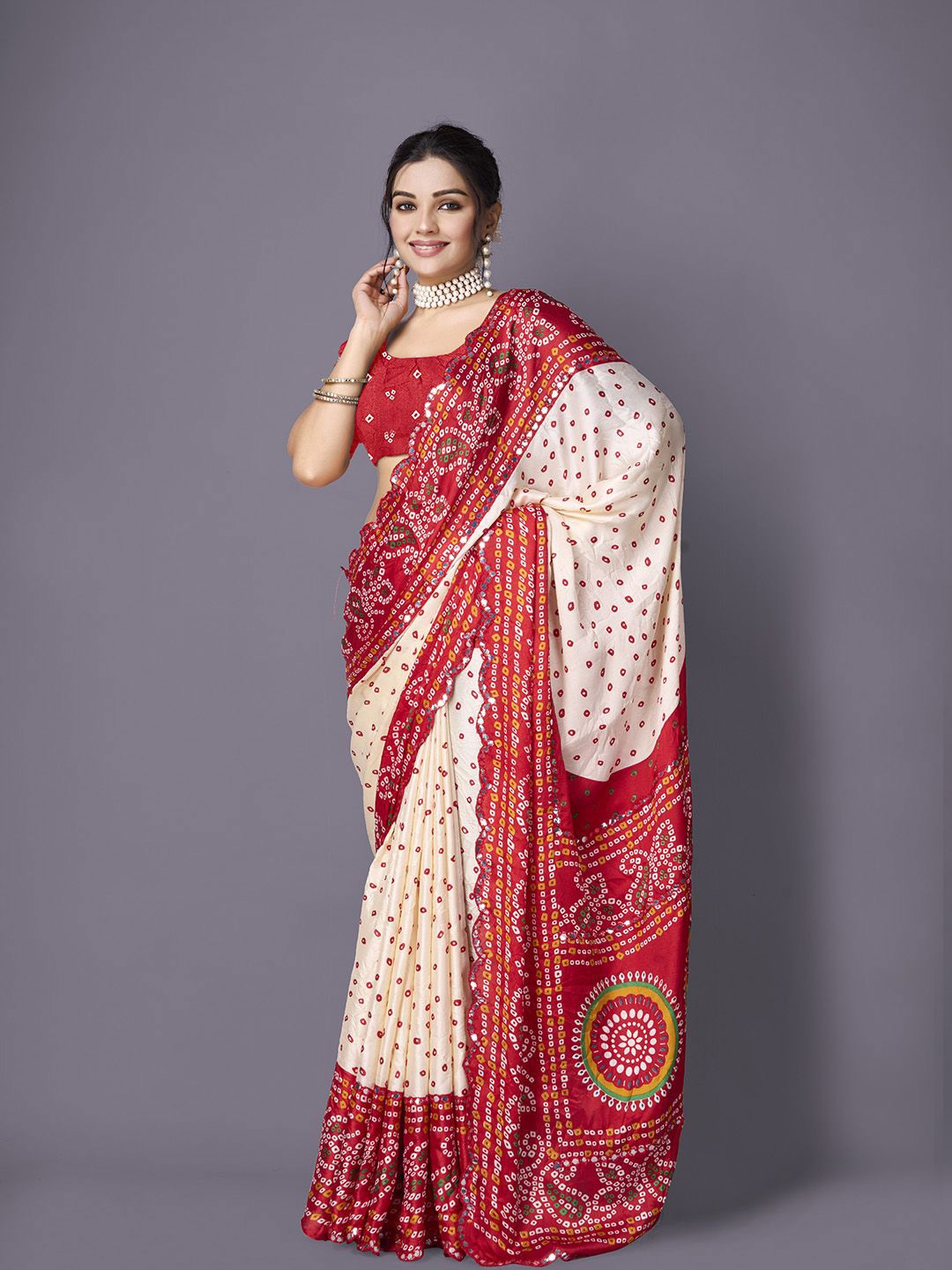 

NIRMAL CREATION Bandhani Sequinned Art Silk Saree, Cream