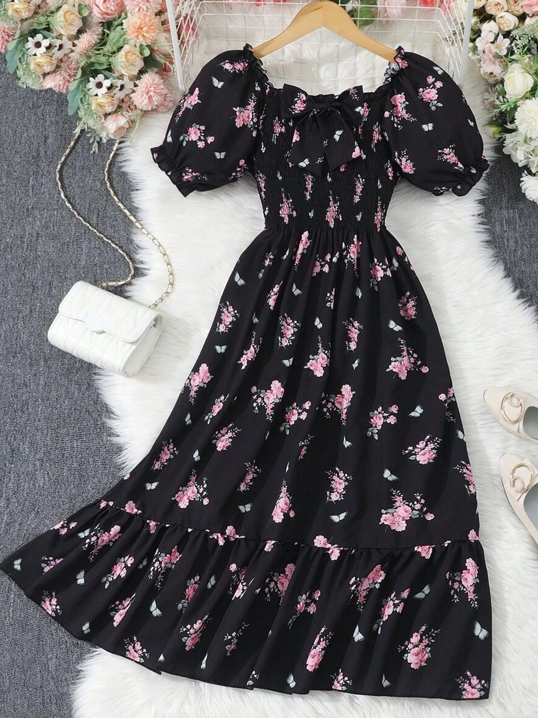 

BAESD Floral Print Maxi Puff Sleeves Dress, Black