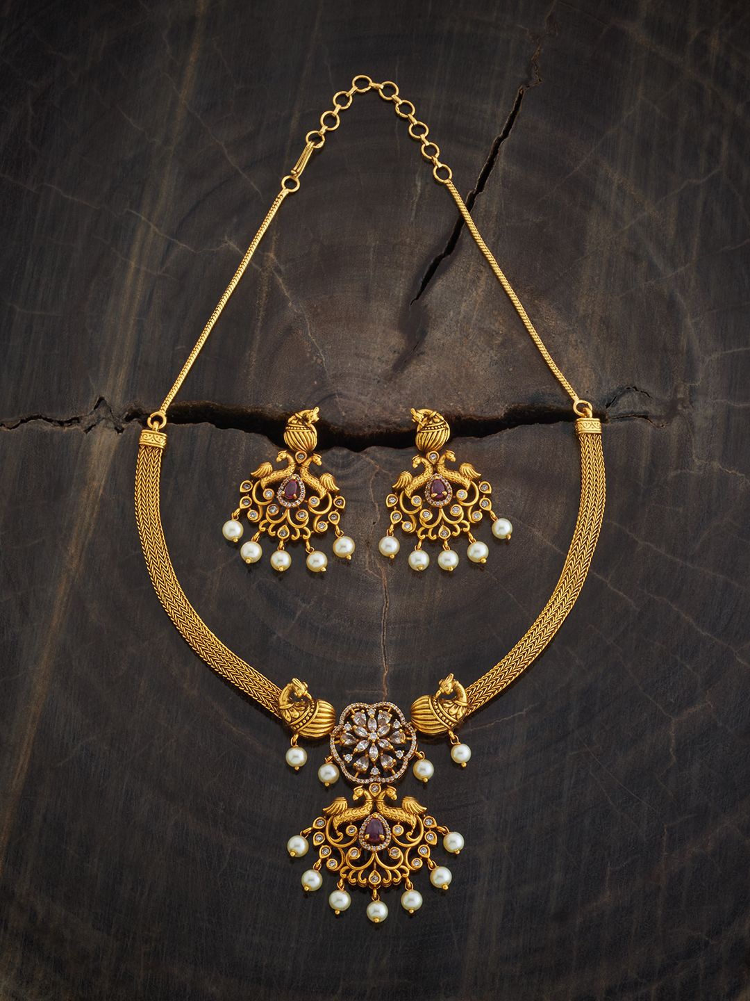 

Kushal's Fashion Jewellery Gold-Plated Ruby Beaded-Studded Antique Necklace and Earrings