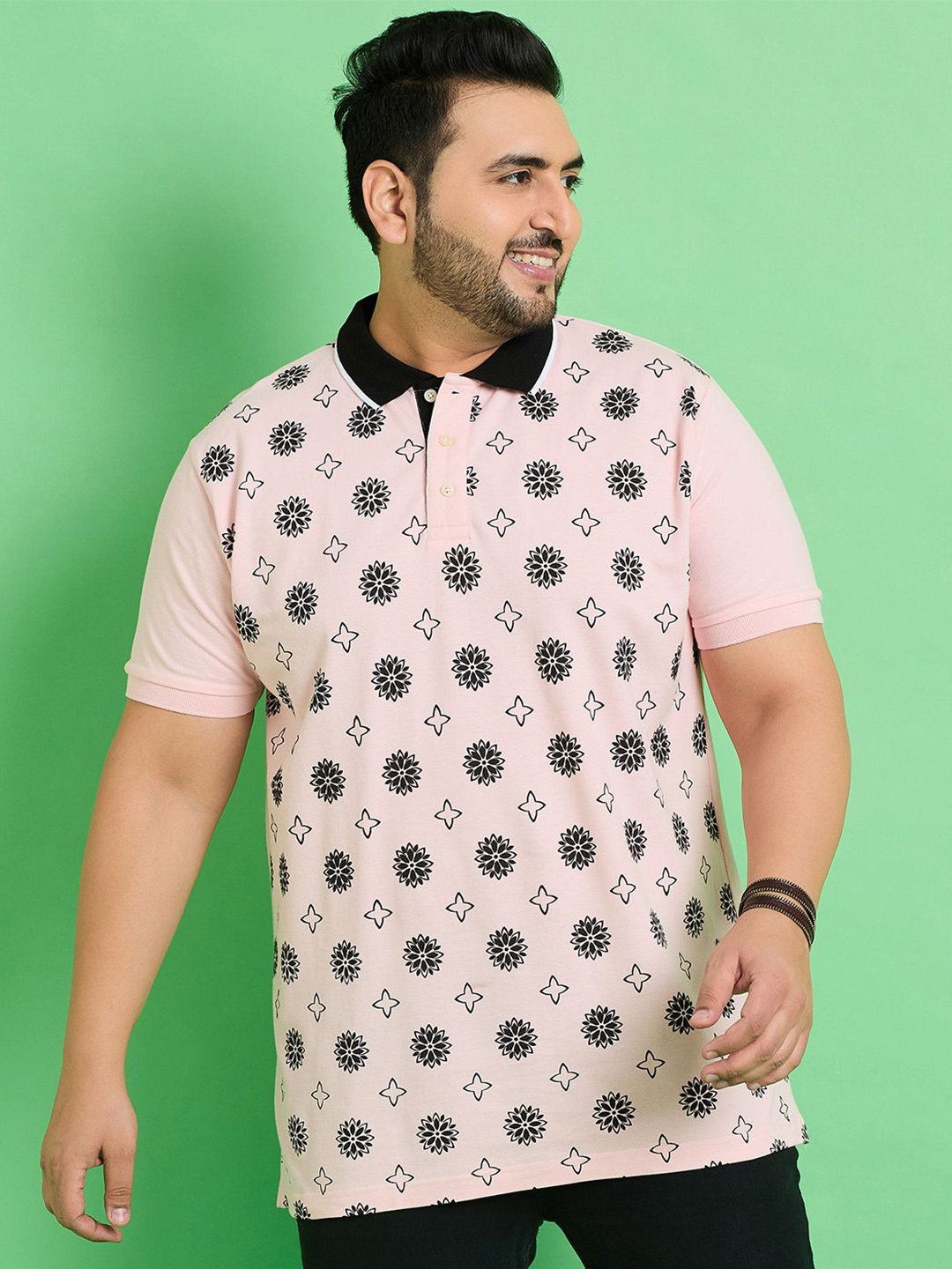 

bigbanana Plus Size Floral Printed Polo Collar Cotton T-shirt, Pink
