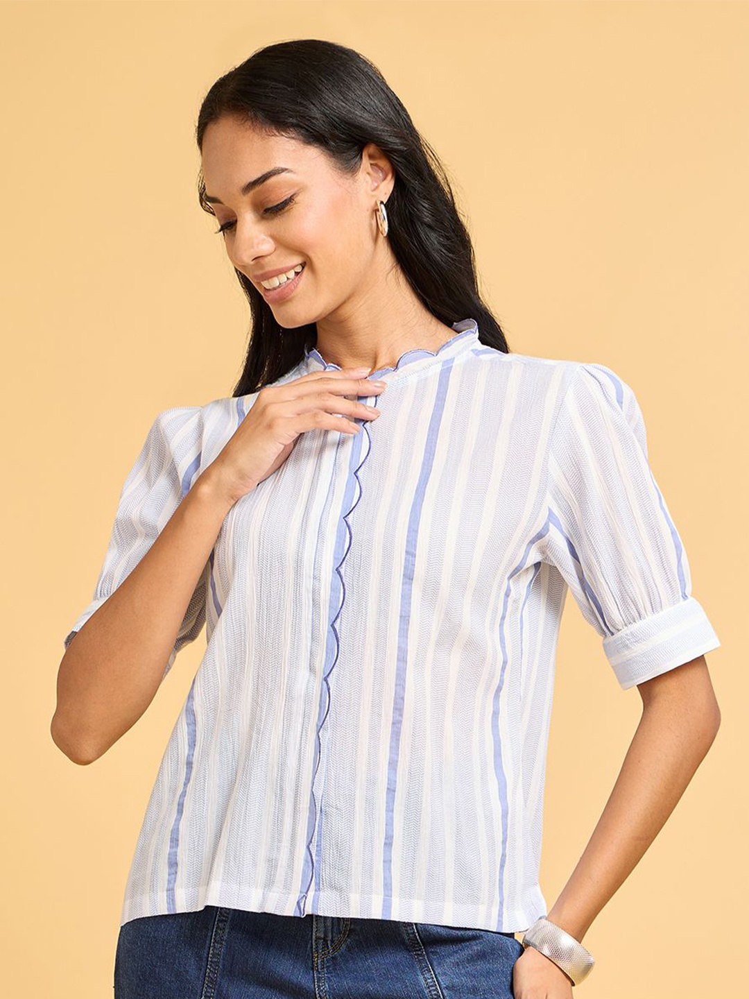 

Saaki Women Comfort Opaque Striped Casual Shirt, Blue