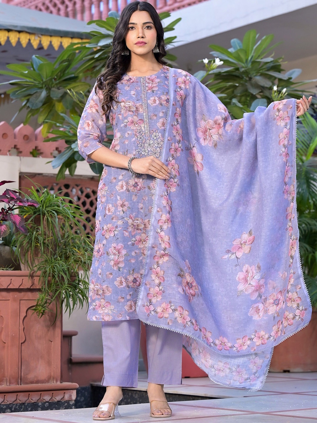 

Label Khoj Floral Printed Thread Work Linen Kurta with Trousers & Dupatta, Purple