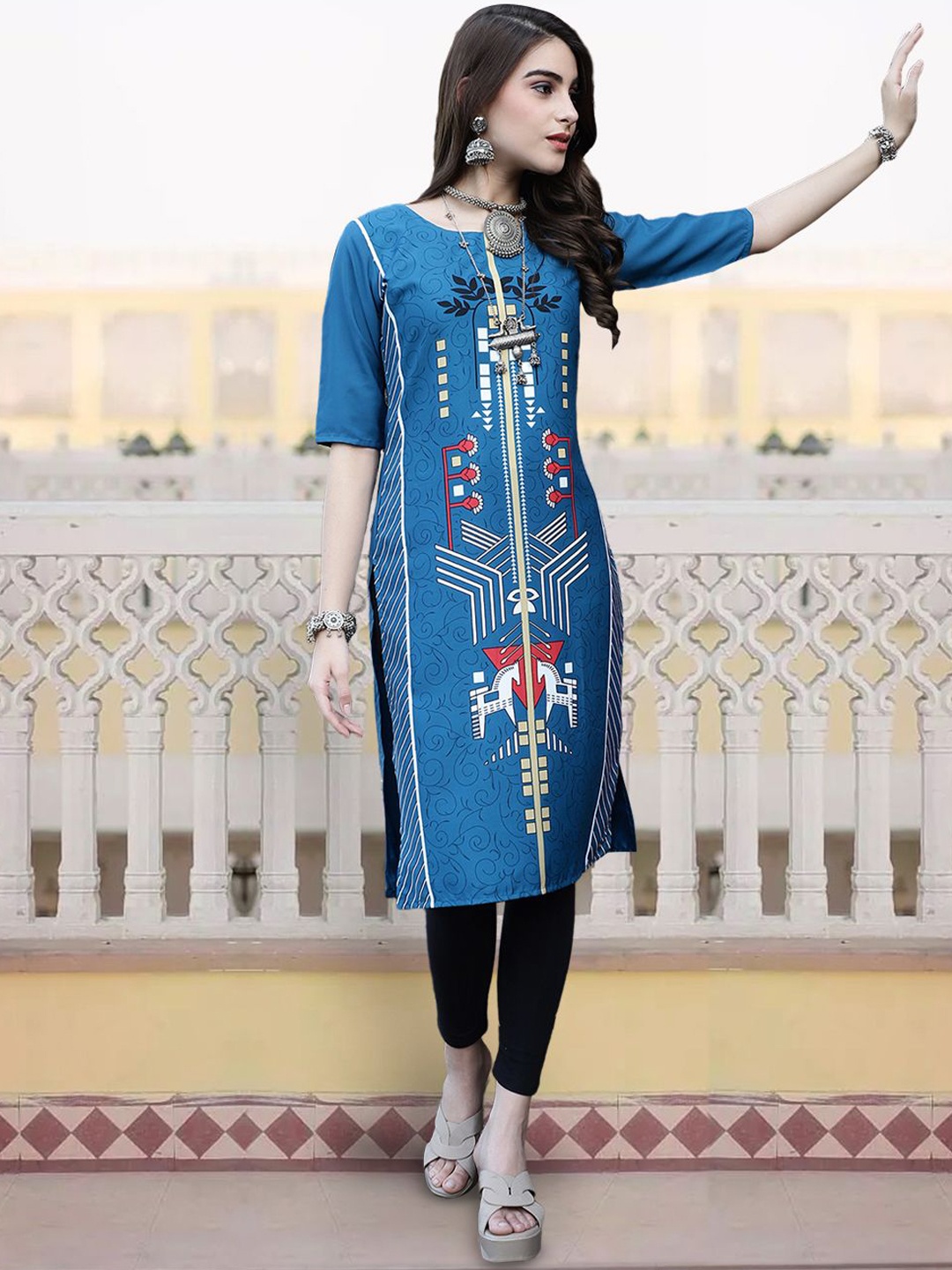 

7Threads Geometric Printed Round Neck Straight Kurta, Blue