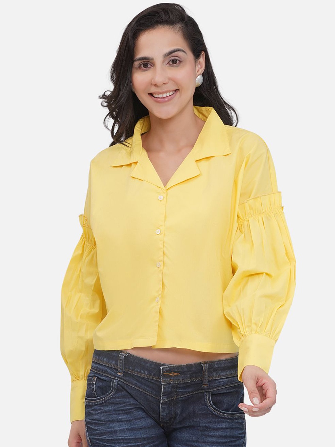 

KALINI Women Solid Shirt Collar Cotton Top, Yellow