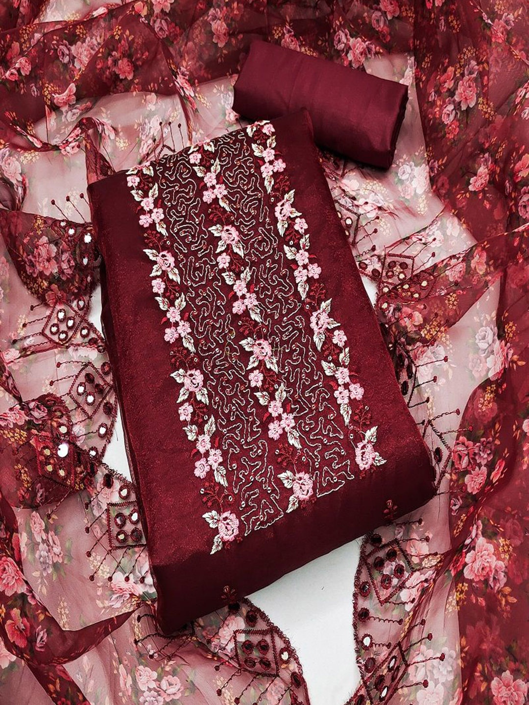 

KRITVA FASHION Floral Embroidered Sequinned Organza Semi-Stitched Dress Material, Maroon