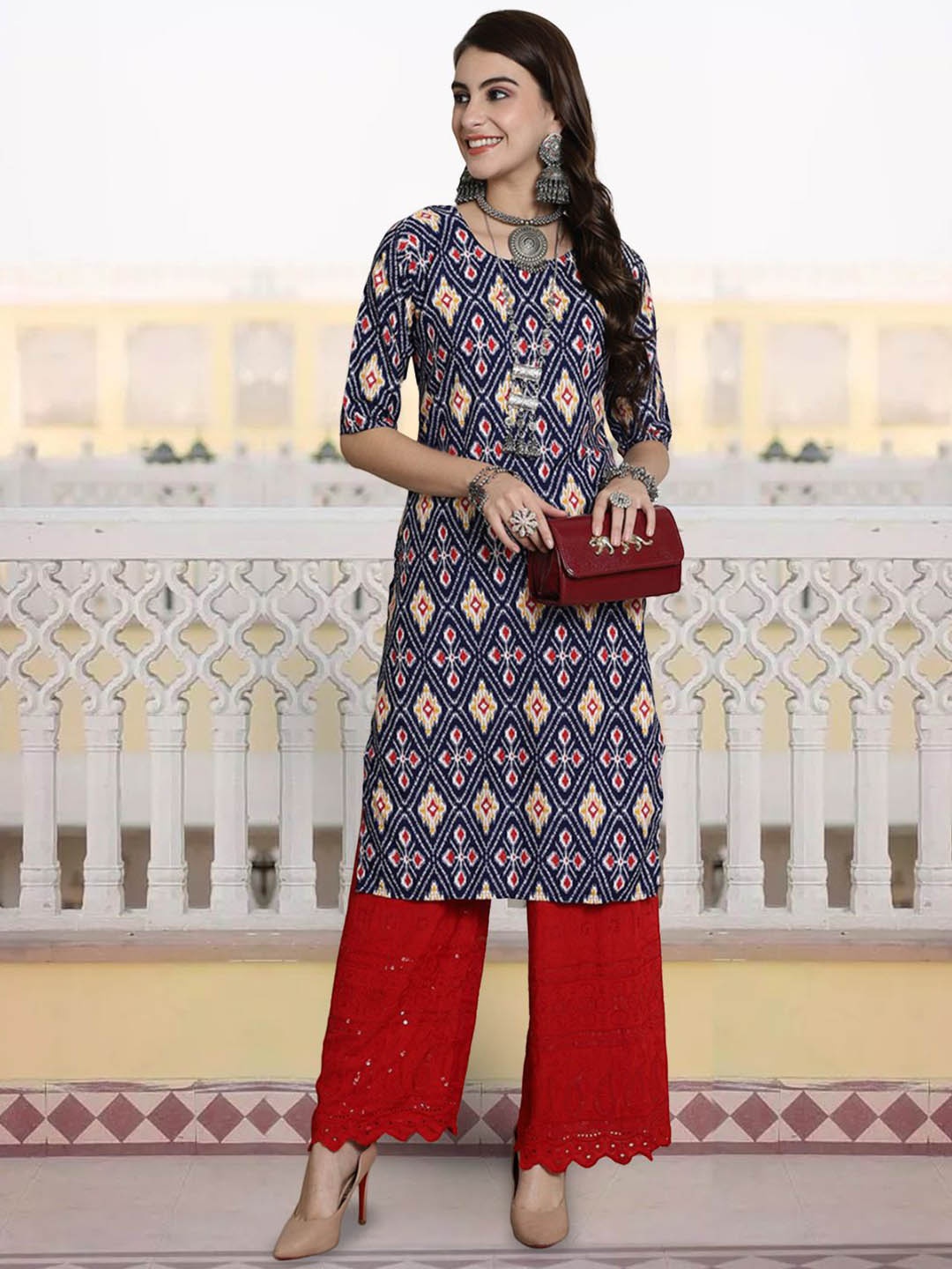

7Threads Geometric Printed Regular Crepe Straight Kurta, Blue