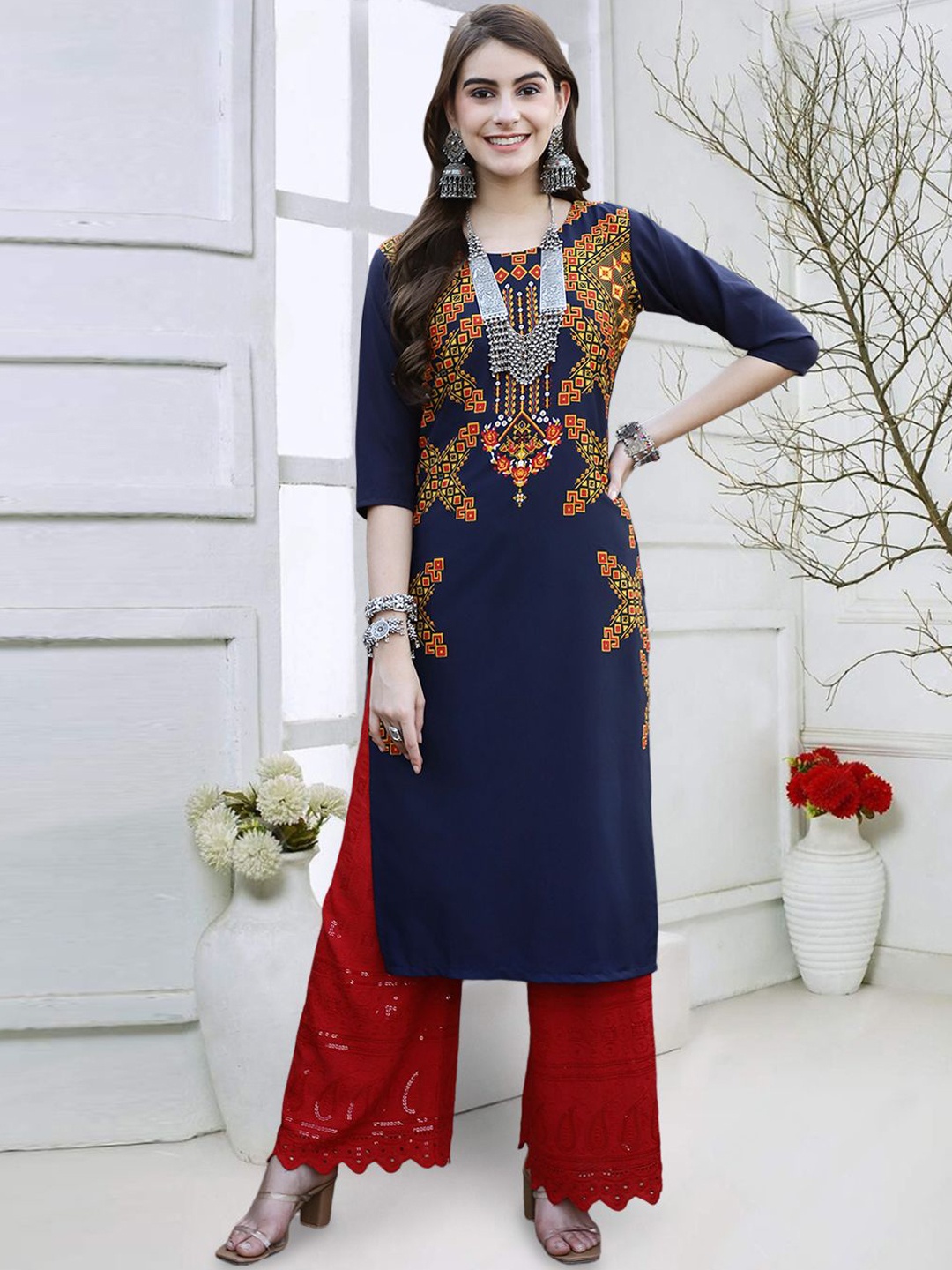 

7Threads Geometric Printed Round Neck Regular Crepe Straight Kurta, Navy blue
