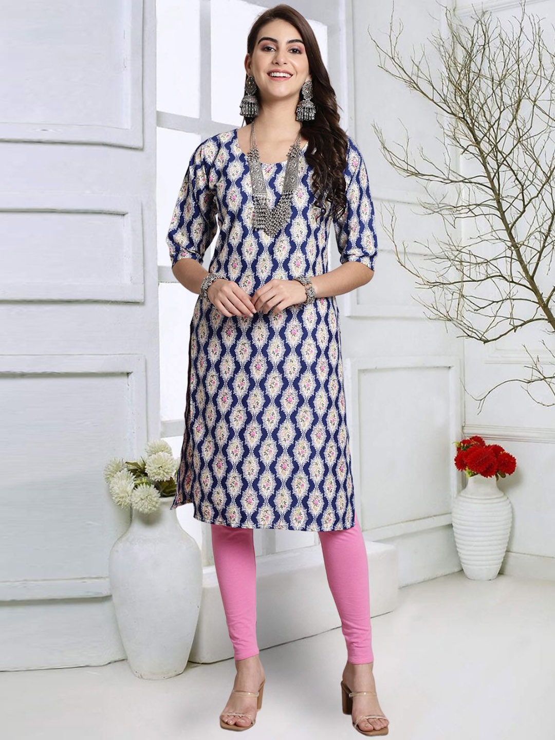 

7Threads Women Mirror Work Floral Crepe Kurta, Multi