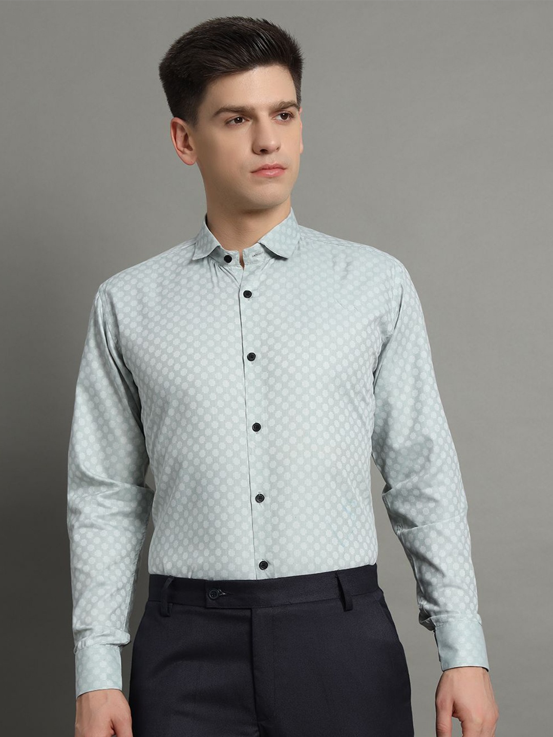 

AIA.FAB Men Classic Spread Collar Geometric Printed Cotton Formal Shirt, Green