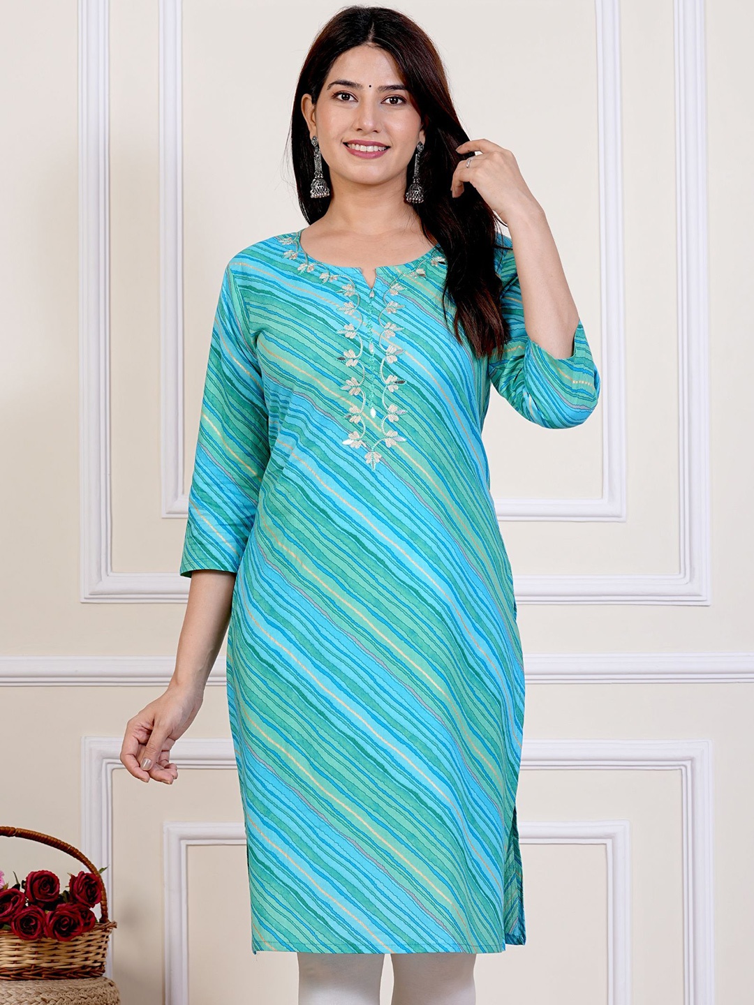 

Moktika Leheriya Printed With Embroidered Cotton Straight Kurta, Blue