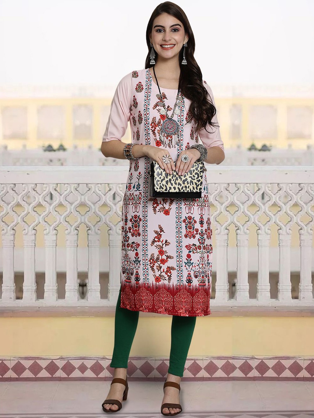 

7Threads Ethnic Motifs Printed Round Neck Crepe Straight Kurta, Pink