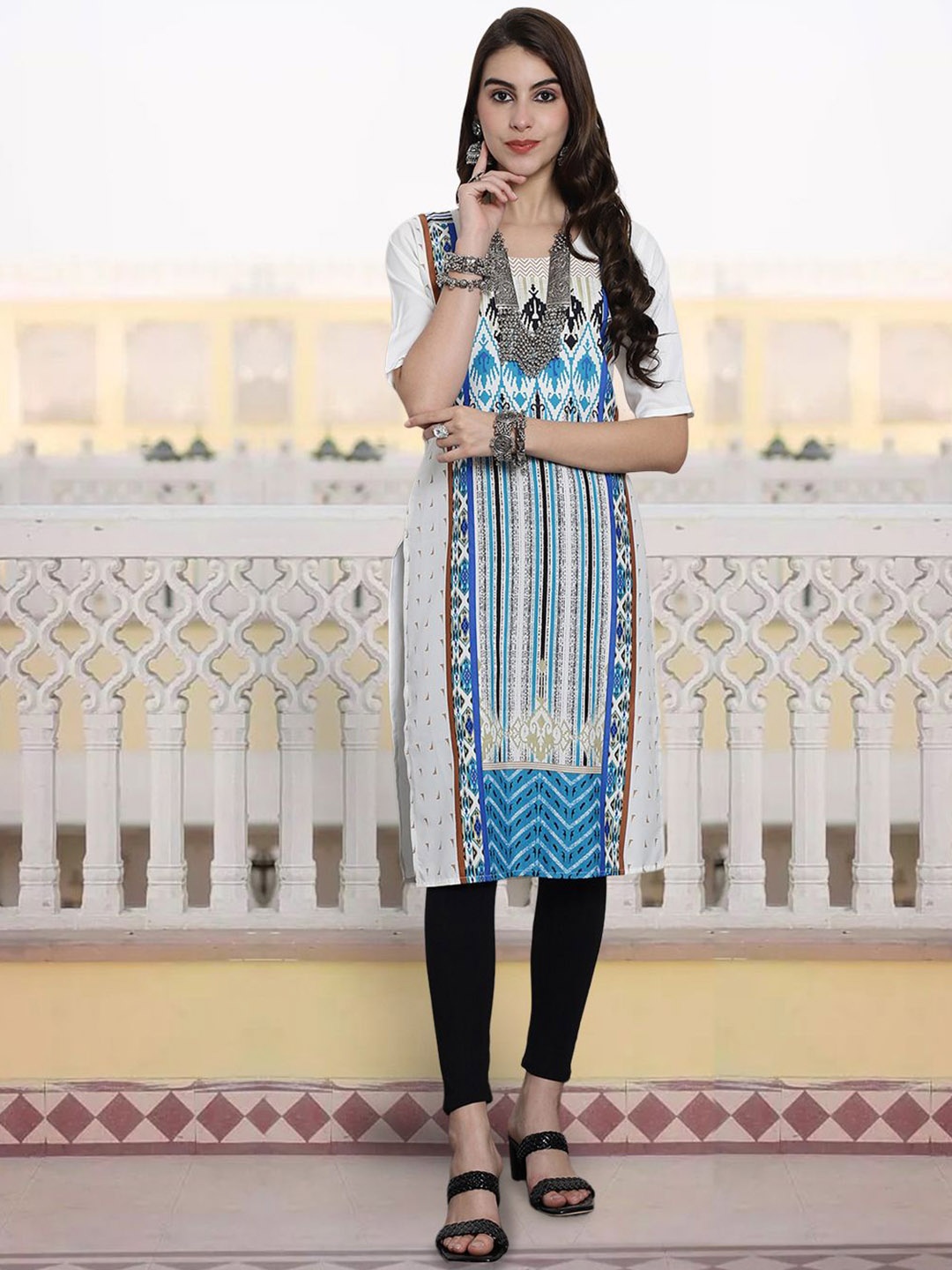 

7Threads Ethnic Motifs Printed Round Neck Straight Kurta, White