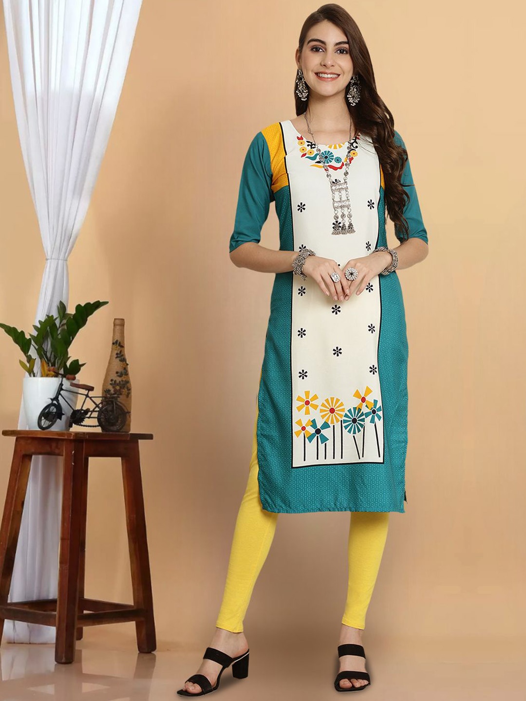 

7Threads Abstract Printed Round Neck Straight Kurta, Teal