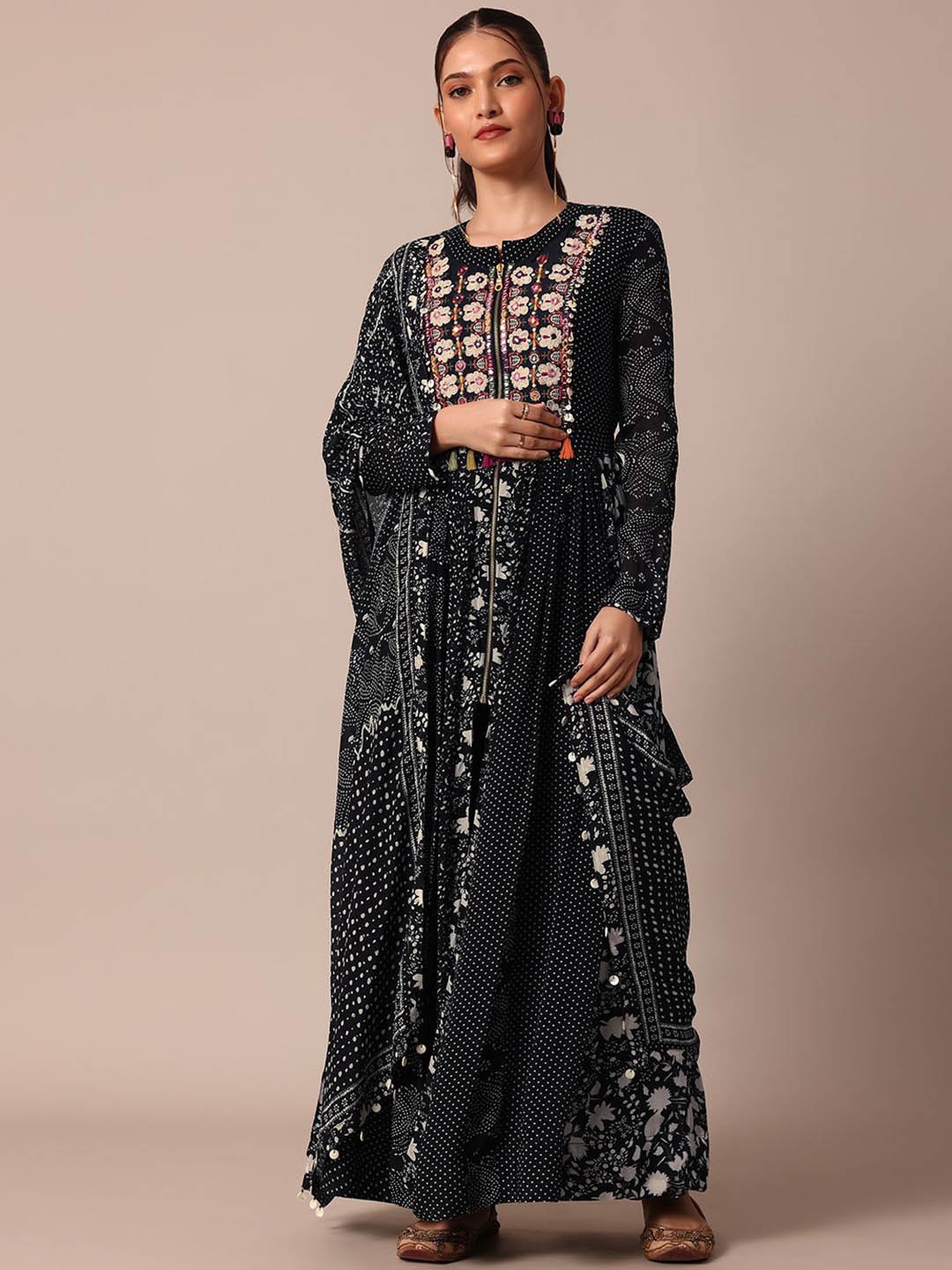 

KALKI Fashion Floral Printed Thread Work Anarkali Kurta with Trousers & Dupatta, Black