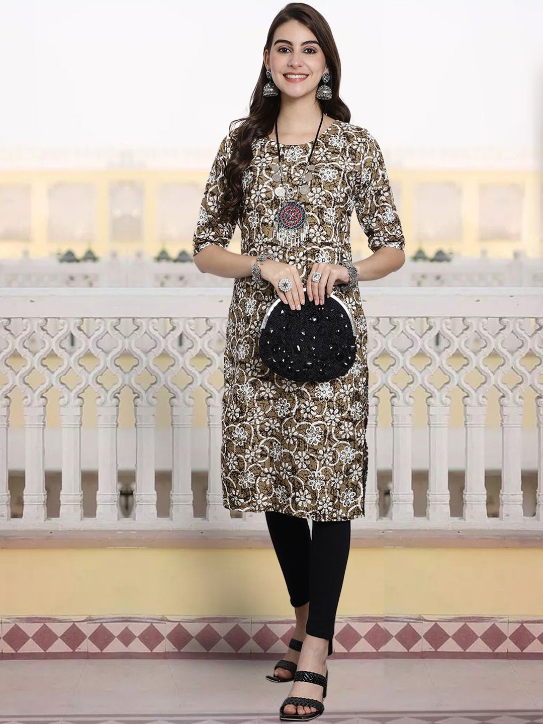 

7Threads Ethnic Motifs Printed Round Neck Crepe Straight Kurta, Khaki