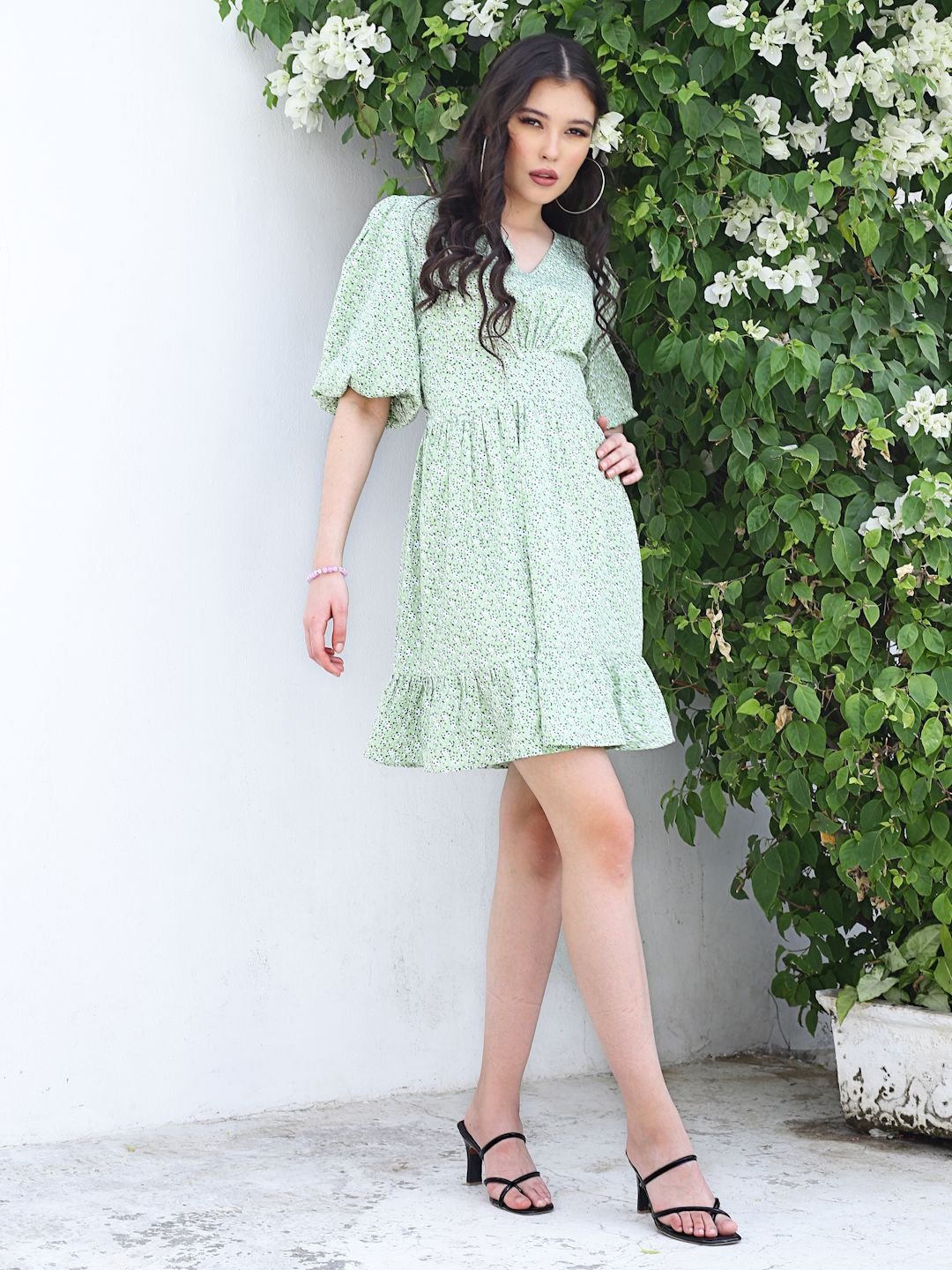 

Sera Floral Print Puff Sleeve Fit & Flare Dress, Green