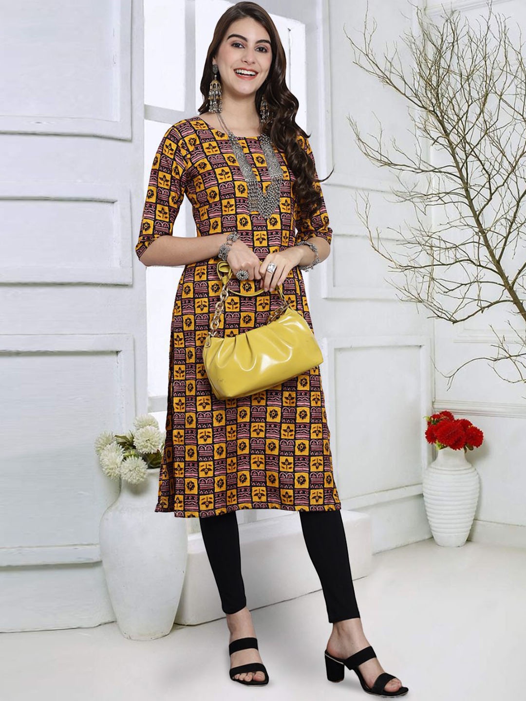 

7Threads Women Geometric Embroidered Mirror Work Floral Crepe Kurta, Multi