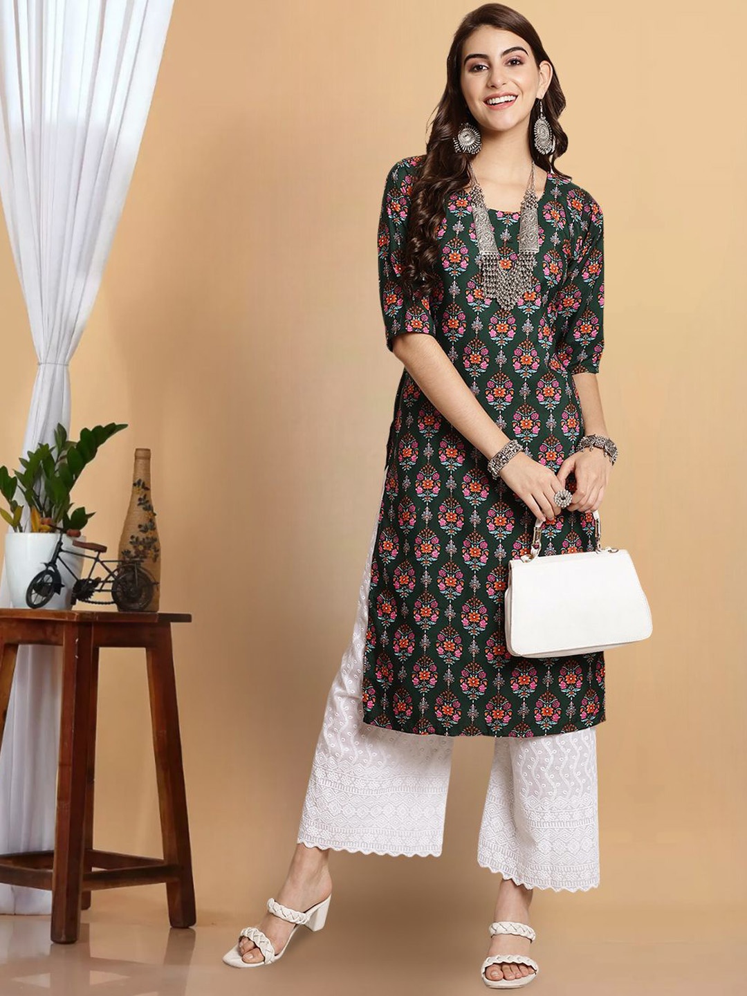 

7Threads Women Floral Embroidered Flared Sleeves Mirror Work Floral Crepe Anarkali Kurta, Multi