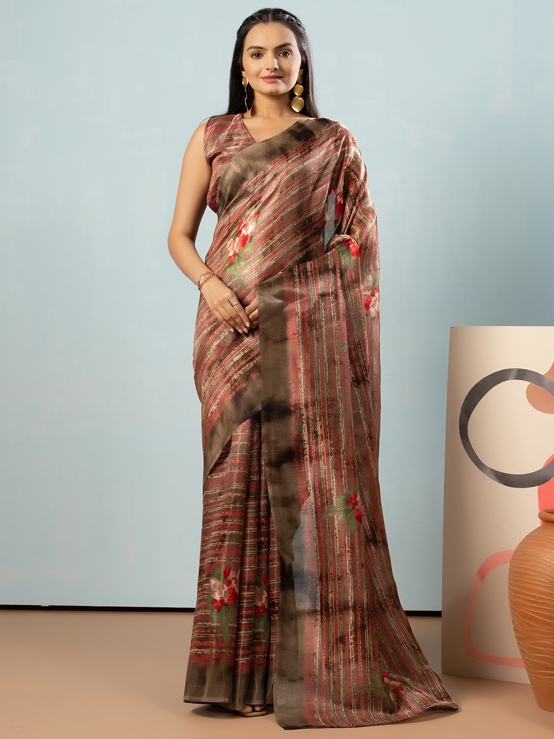 

RACHNA Printed Floral Satin Saree, Olive