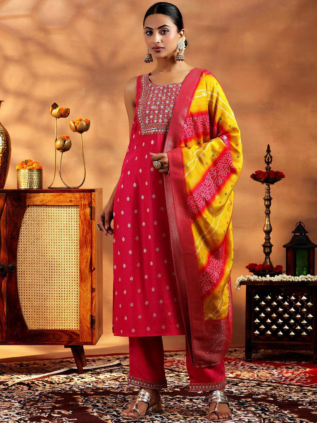 

Libas Ethnic Motifs Printed Mirror Work Straight Kurta with Trousers & Dupatta, Pink