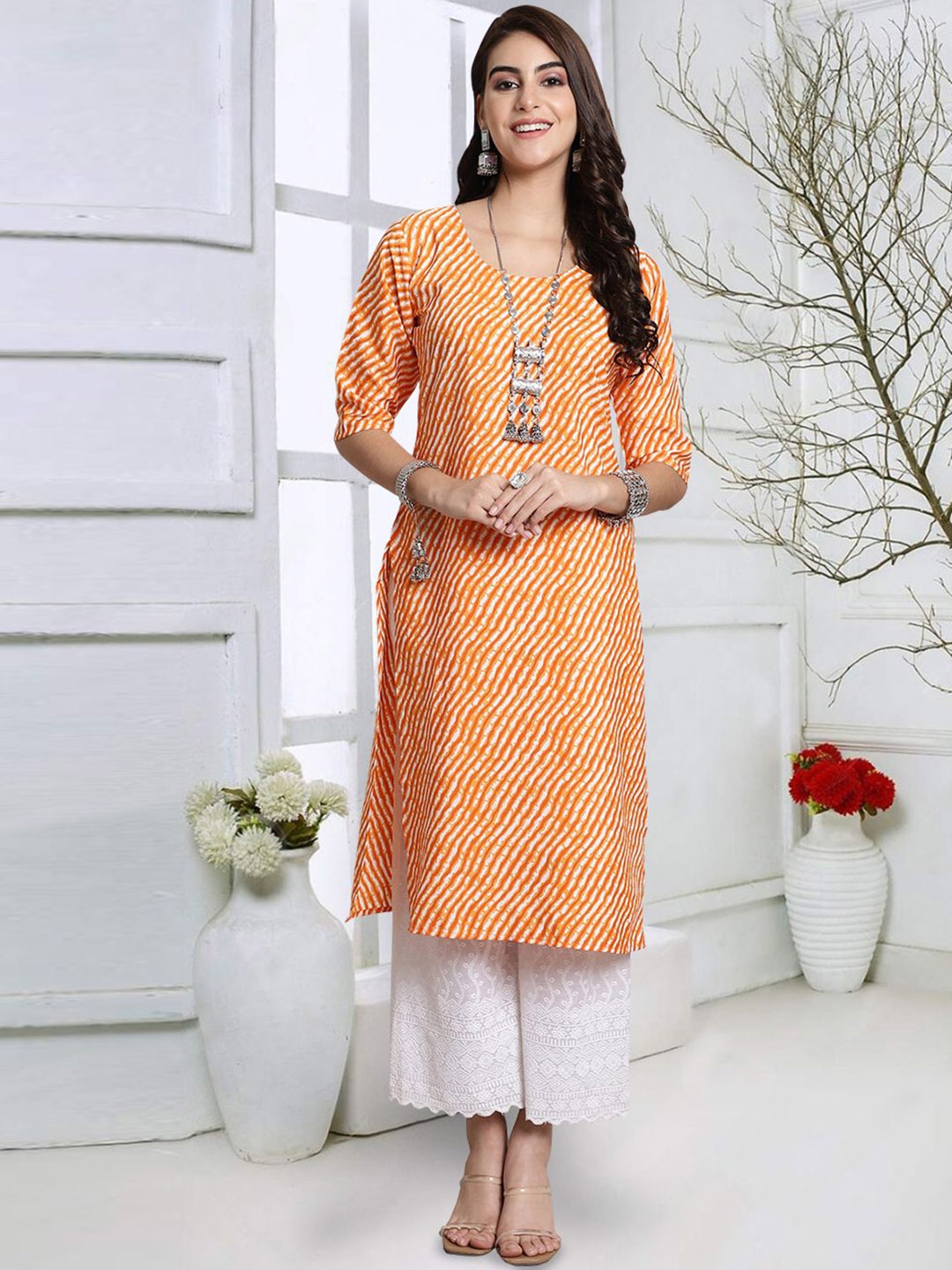 

7Threads Leheriya Printed Round Neck Crepe Straight Kurta, Orange