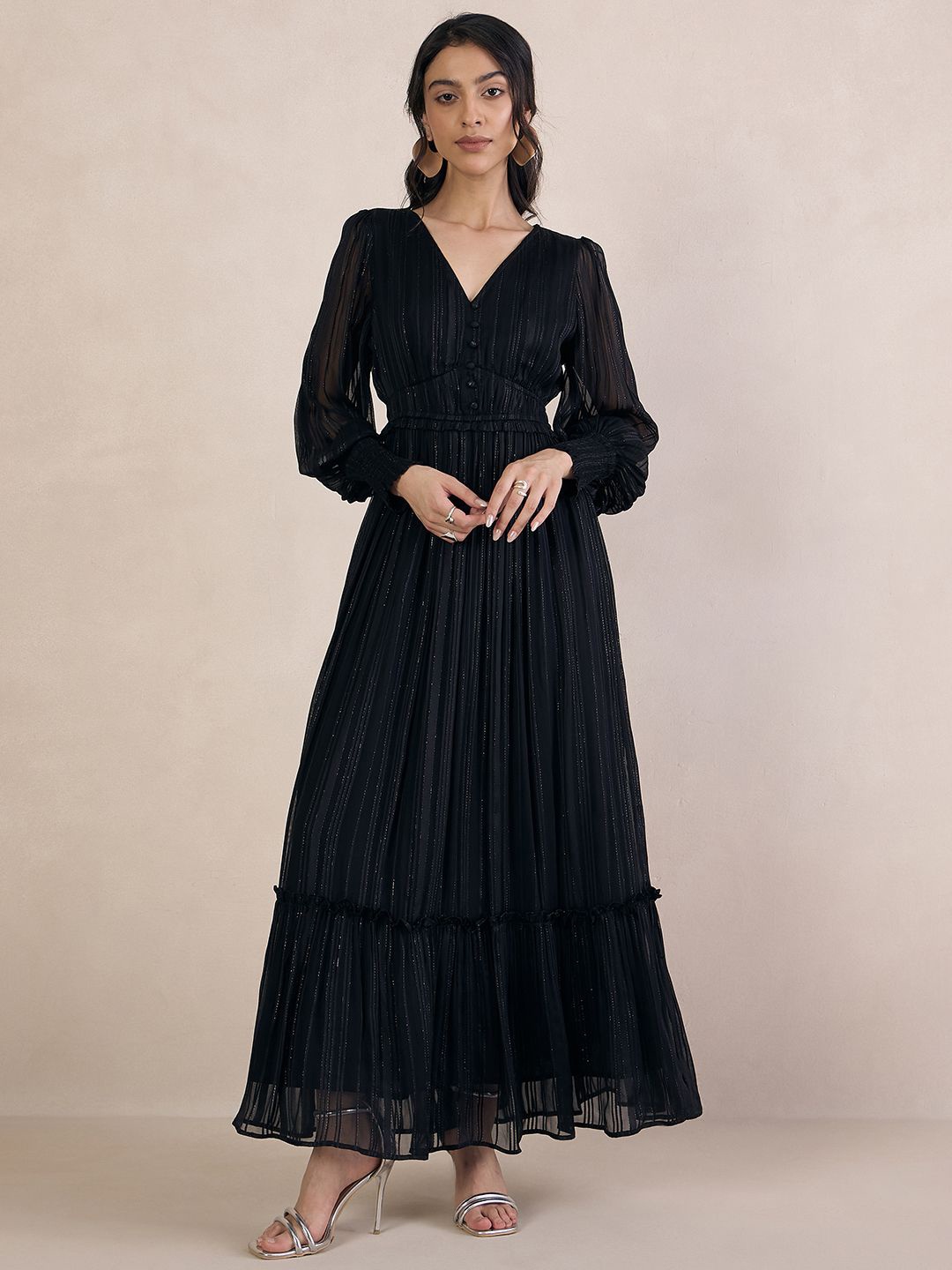 

FEMMELLA women V-Neck Puff Sleeves Maxi Dress, Black