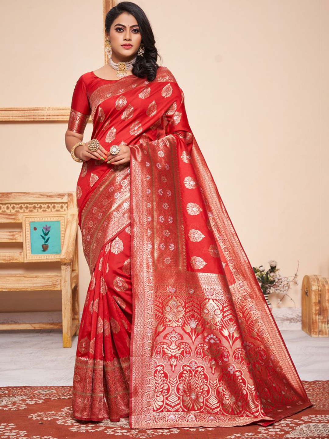 

ASISA Woven Design Zari Saree with Blouse Piece, Red