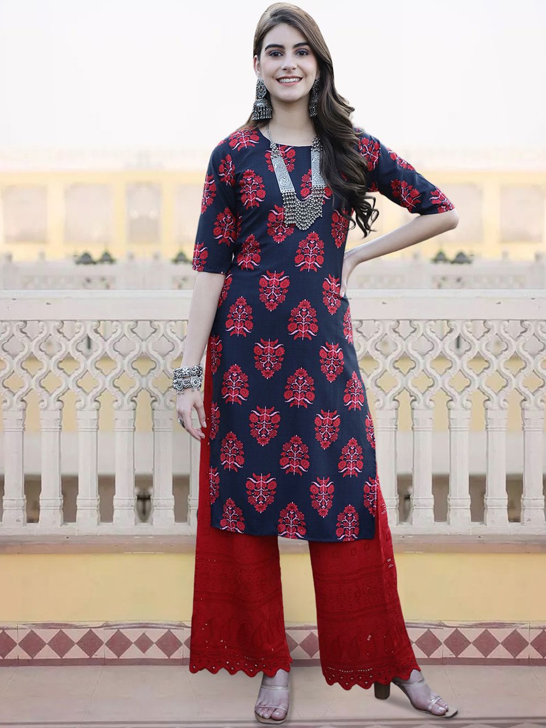 

7Threads Ethnic Motifs Printed Regular Crepe Straight Kurta, Blue