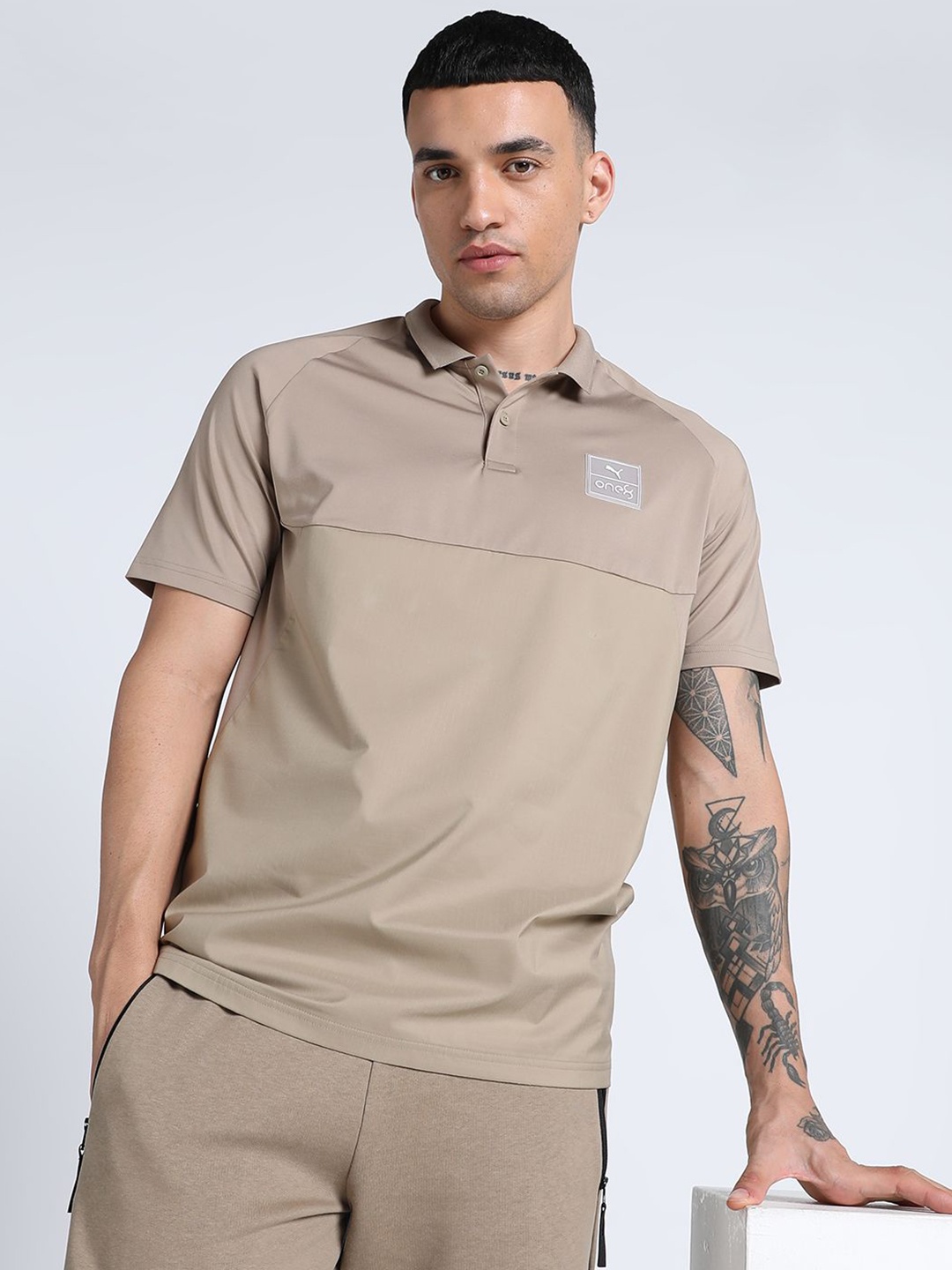 

one8 x PUMA Men Polo Collar Applique T-shirt, Beige