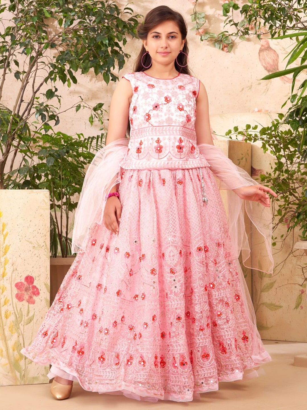 

Aarika Girls Embroidered Thread Work Ready to Wear Lehenga & Blouse With Dupatta, Pink