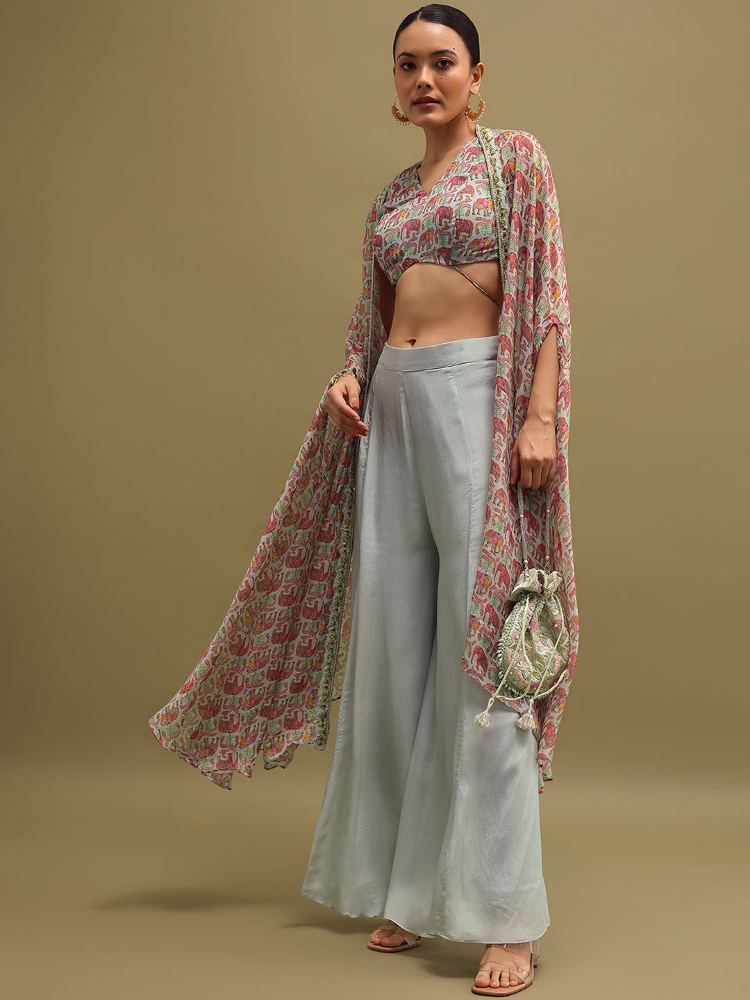 

KALKI Fashion Printed Top With Palazzo & Shrug, Grey