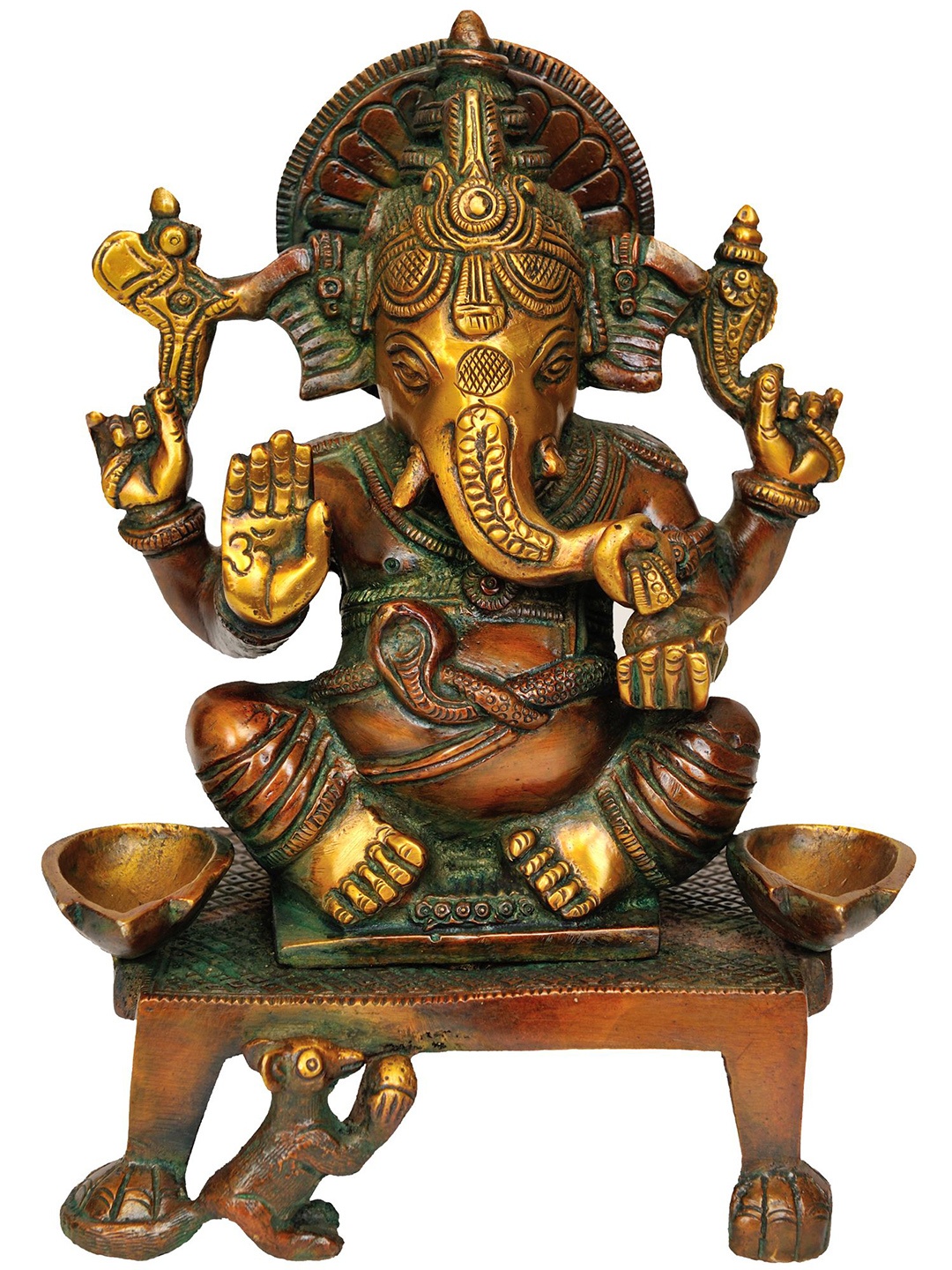 

Exotic India 8" Brass Lord Ganesha Diya, Gold