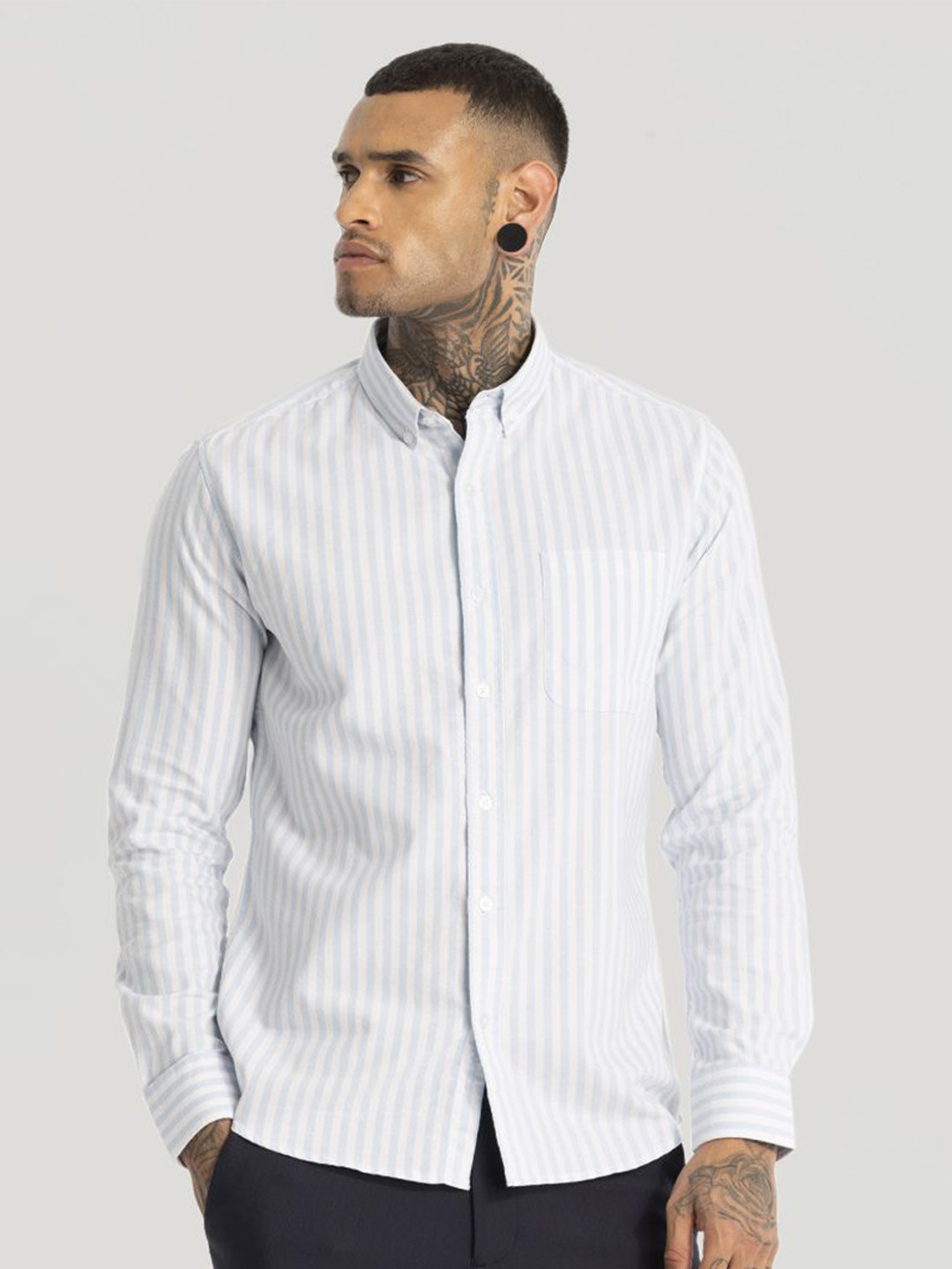 

Snitch Men Smart Button-Down Collar Striped Cotton Slim Fit Casual Shirt, White