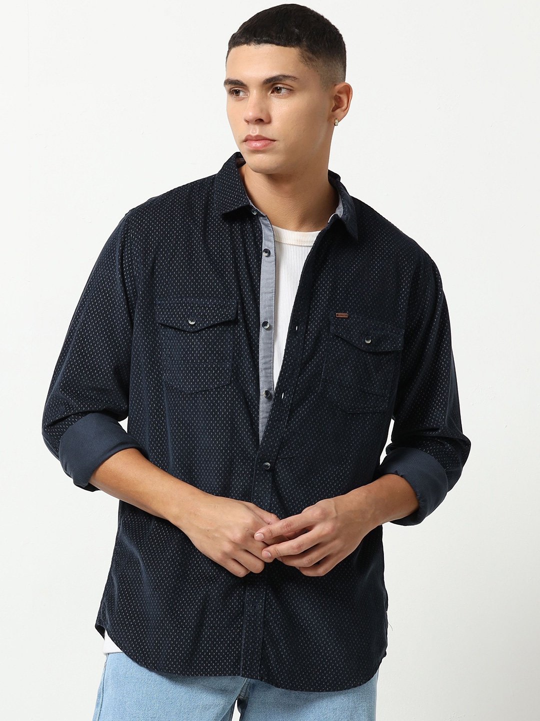 

URBARO Men Smart Slim Fit Opaque Casual Shirt, Navy blue