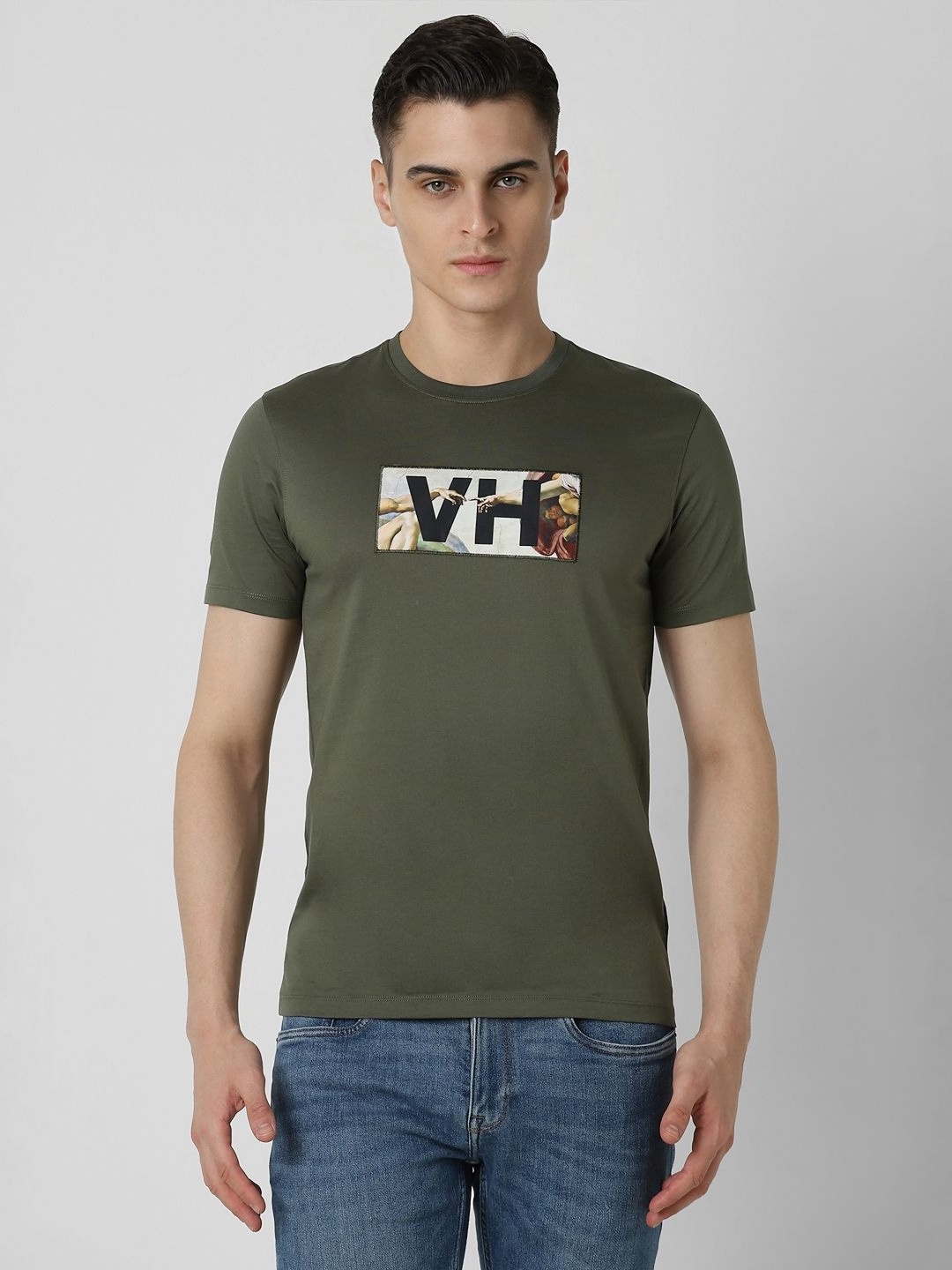 

V Dot Men Graphic Printed Round Neck Cotton Slim Fit T-Shirt, Green