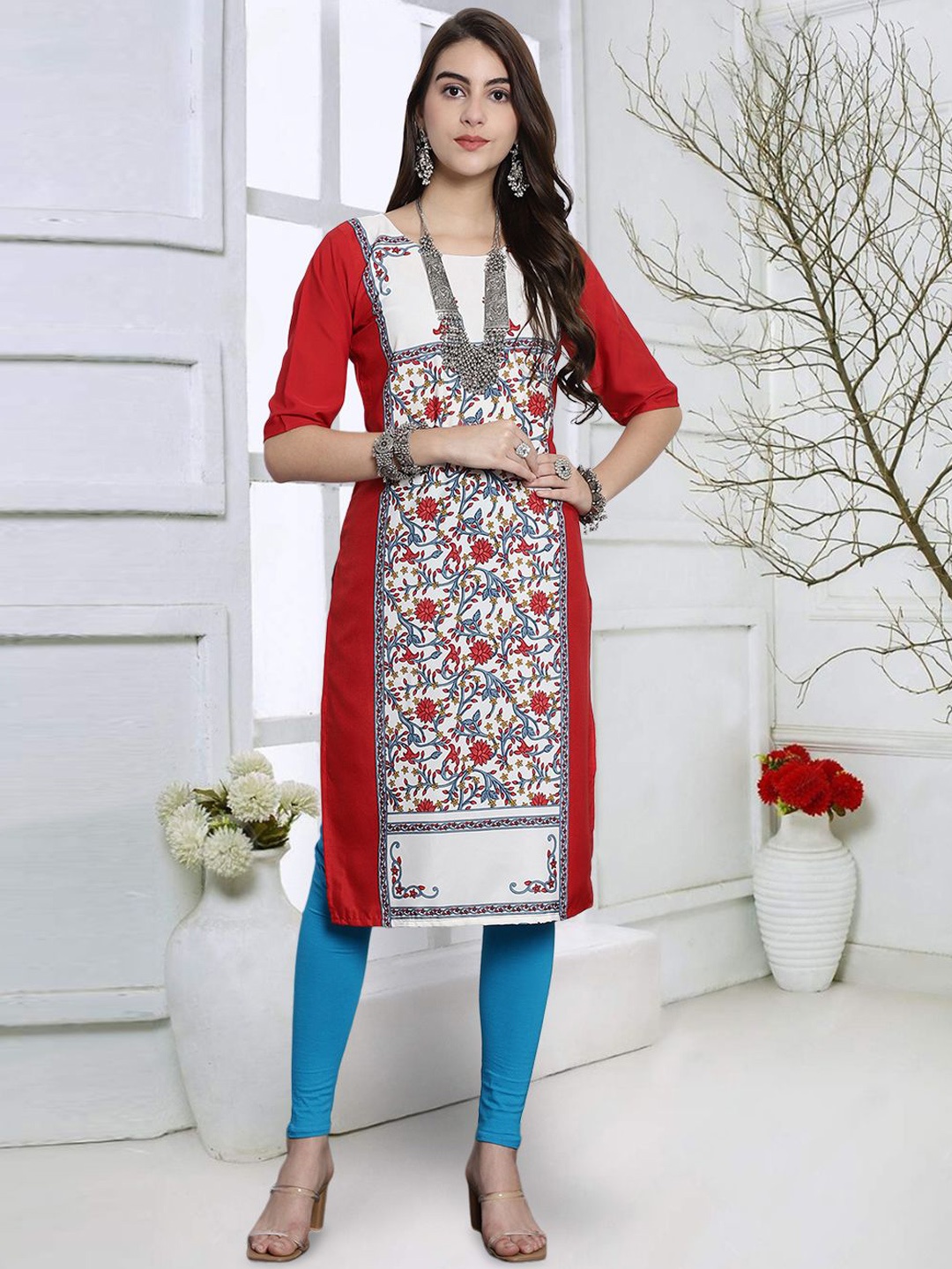 

7Threads Floral Printed Round Neck Crepe Straight Kurta, Red