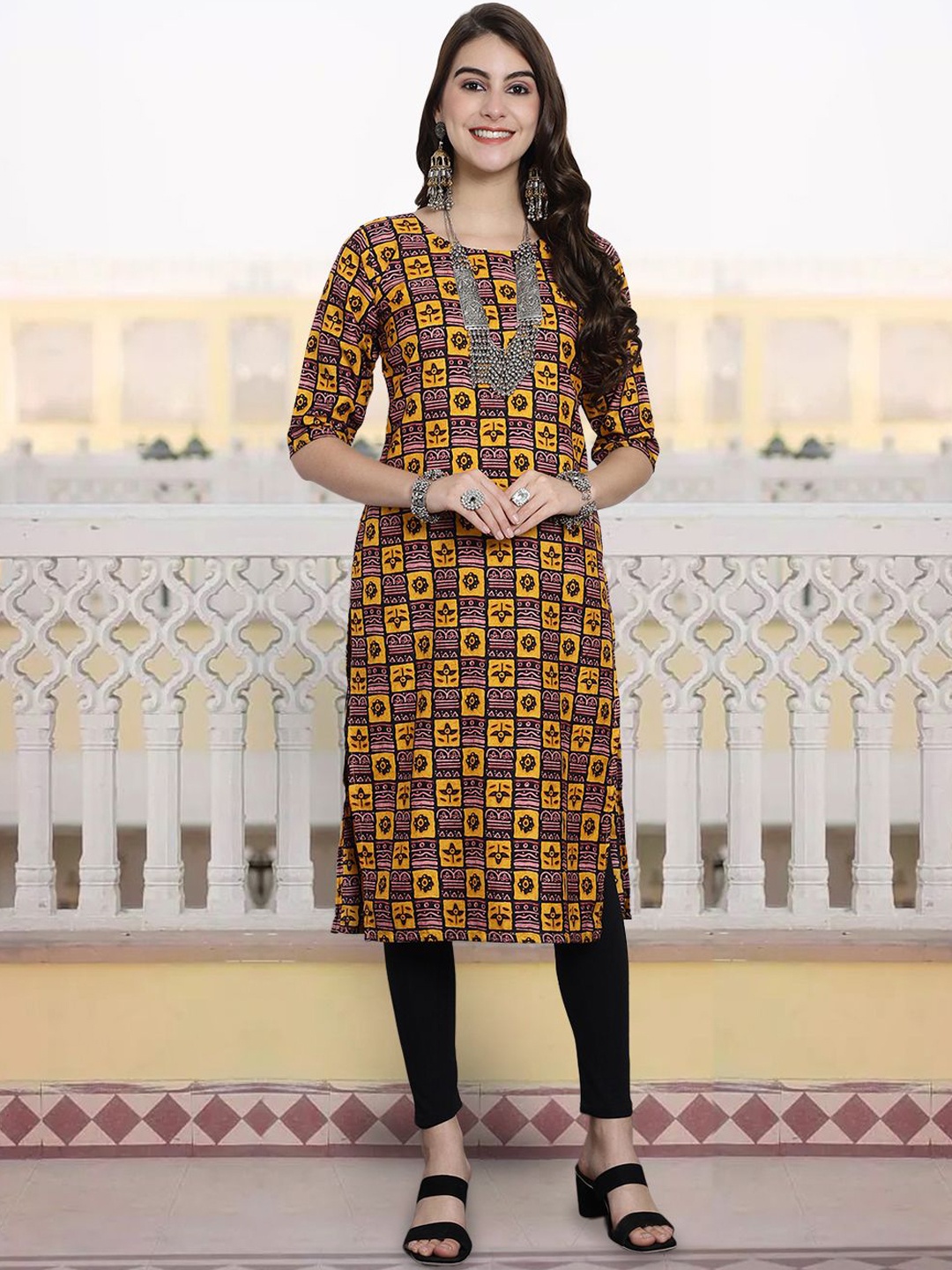 

7Threads Ethnic Motifs Printed Crepe Straight Kurta, Yellow