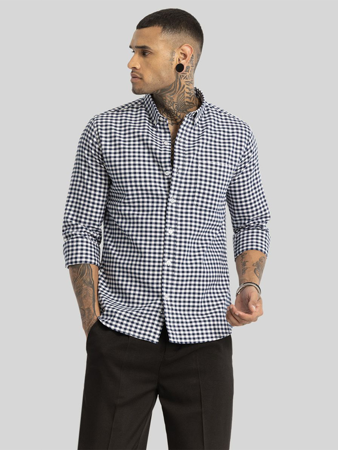

Snitch Men Smart Button-Down Collar Gingham Checked Cotton Slim Fit Casual Shirt, Navy blue