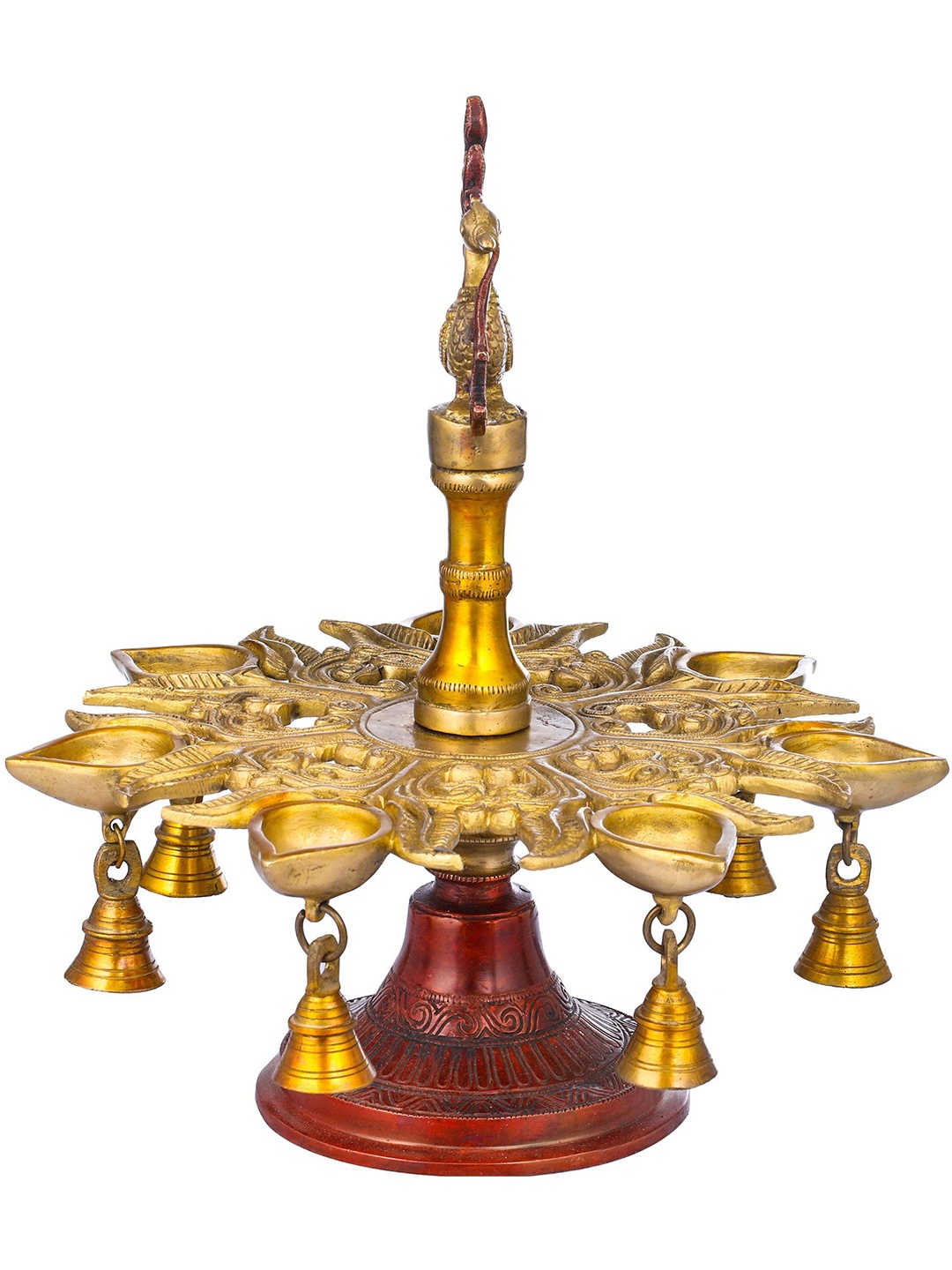 

Exotic India 13" Seven Wicks Peacock Lamp with Bells in Brass, Gold