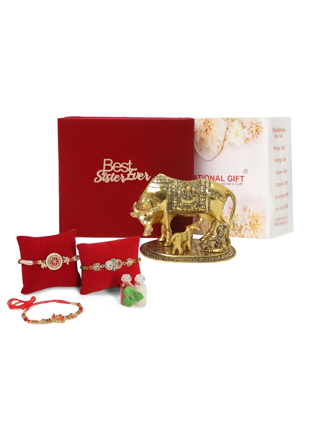 

INTERNATIONAL GIFT Gold Toned 3 Pcs Rakhi With Kamdhenu Cow Idol & Roli Chawal