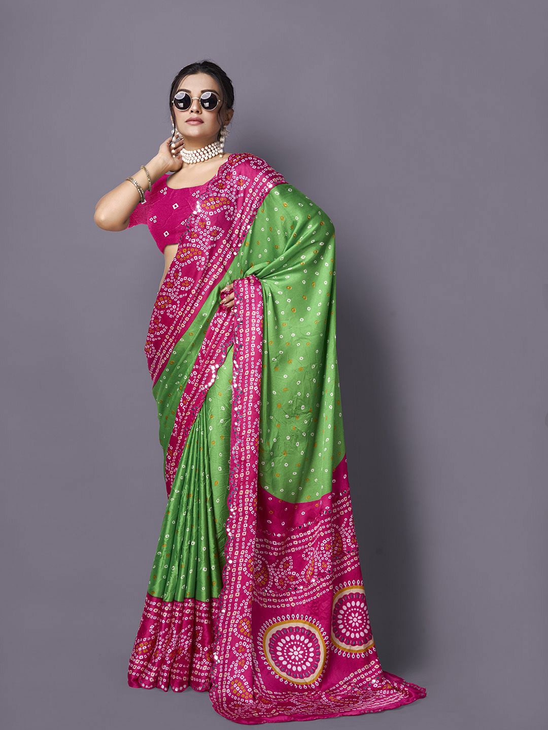 

NIRMAL CREATION bandhani printed mirror work saree, Green