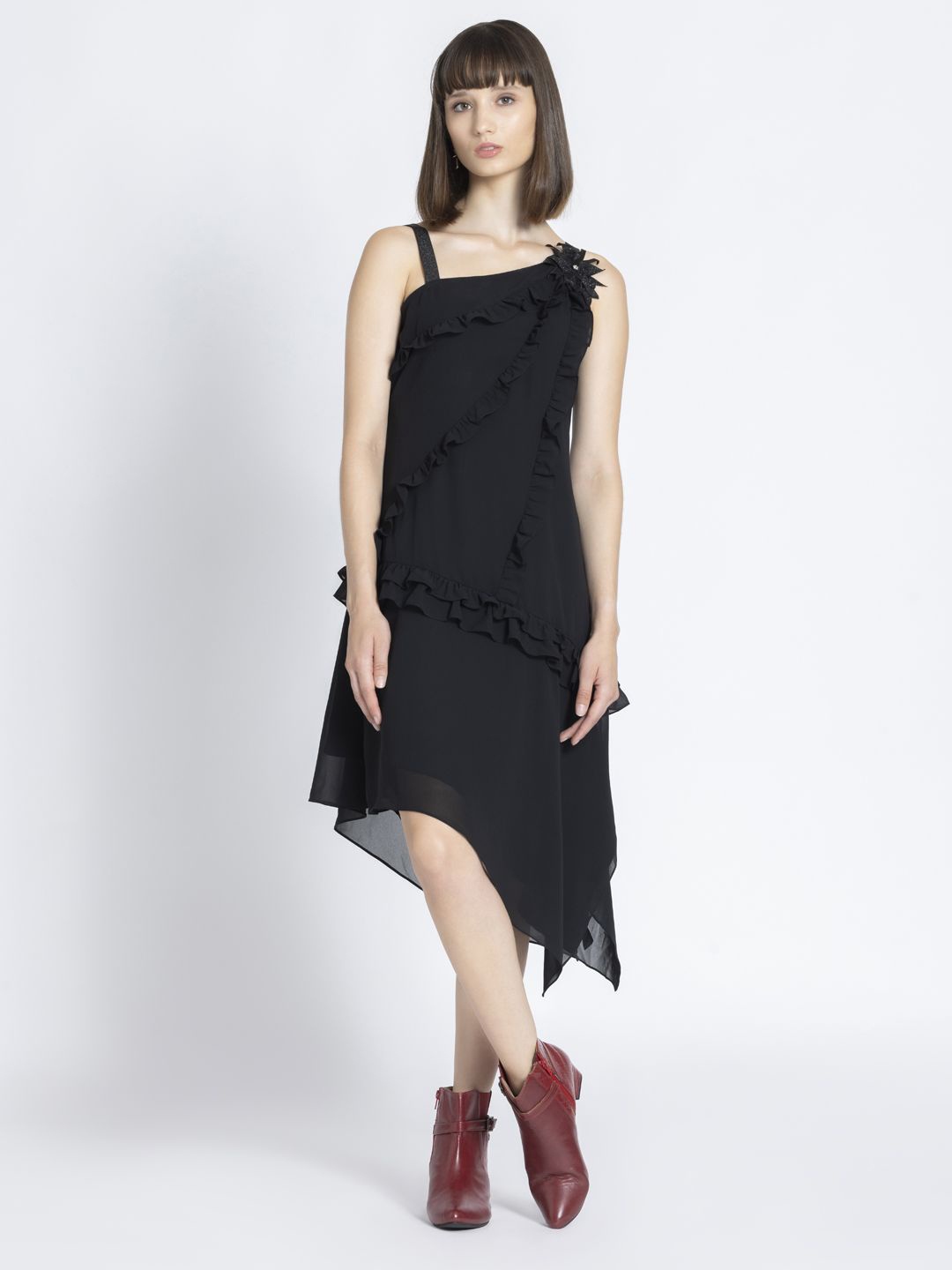 

SHAYE Georgette Asymmetric Neck A-Line Dress, Black