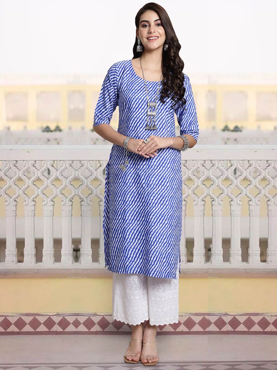 

7Threads Leheriya Printed Round Neck Straight Kurta, Blue