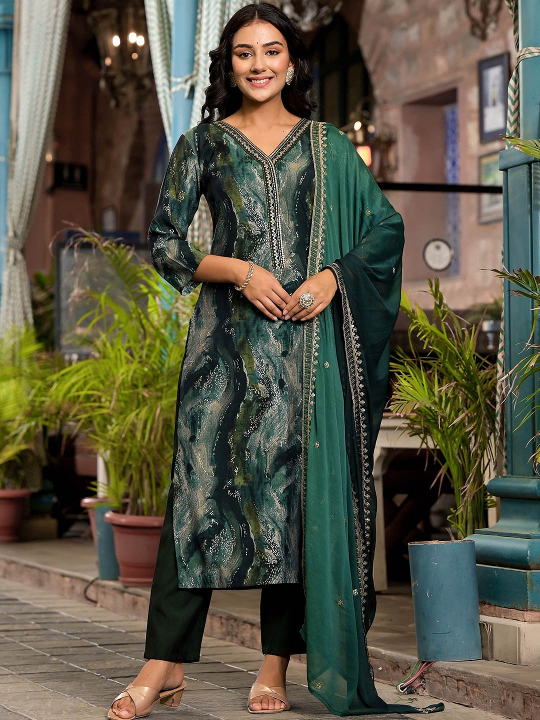 

Label Khoj Printed Sequinned Kurta with Trousers & Dupatta, Green
