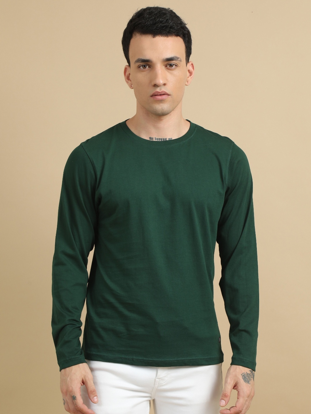

Bushirt Men Solid Round Neck Cotton T-Shirt, Green