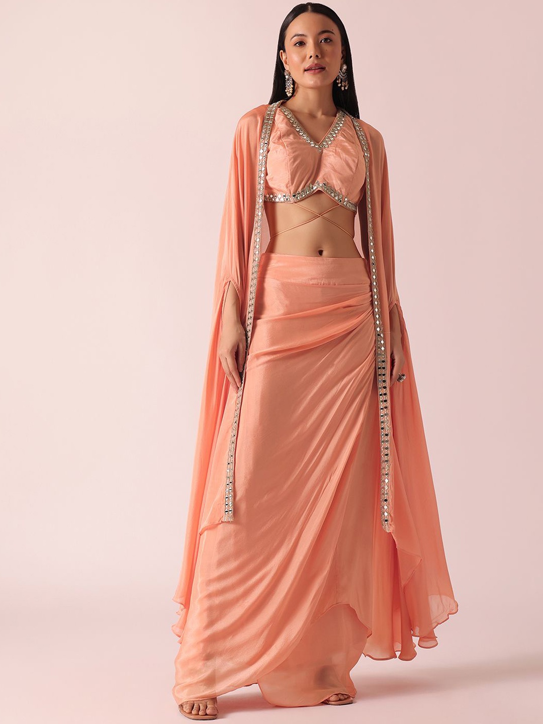 

KALKI Fashion Embellished Crop Top And Dhoti Skirt & Shrug, Peach