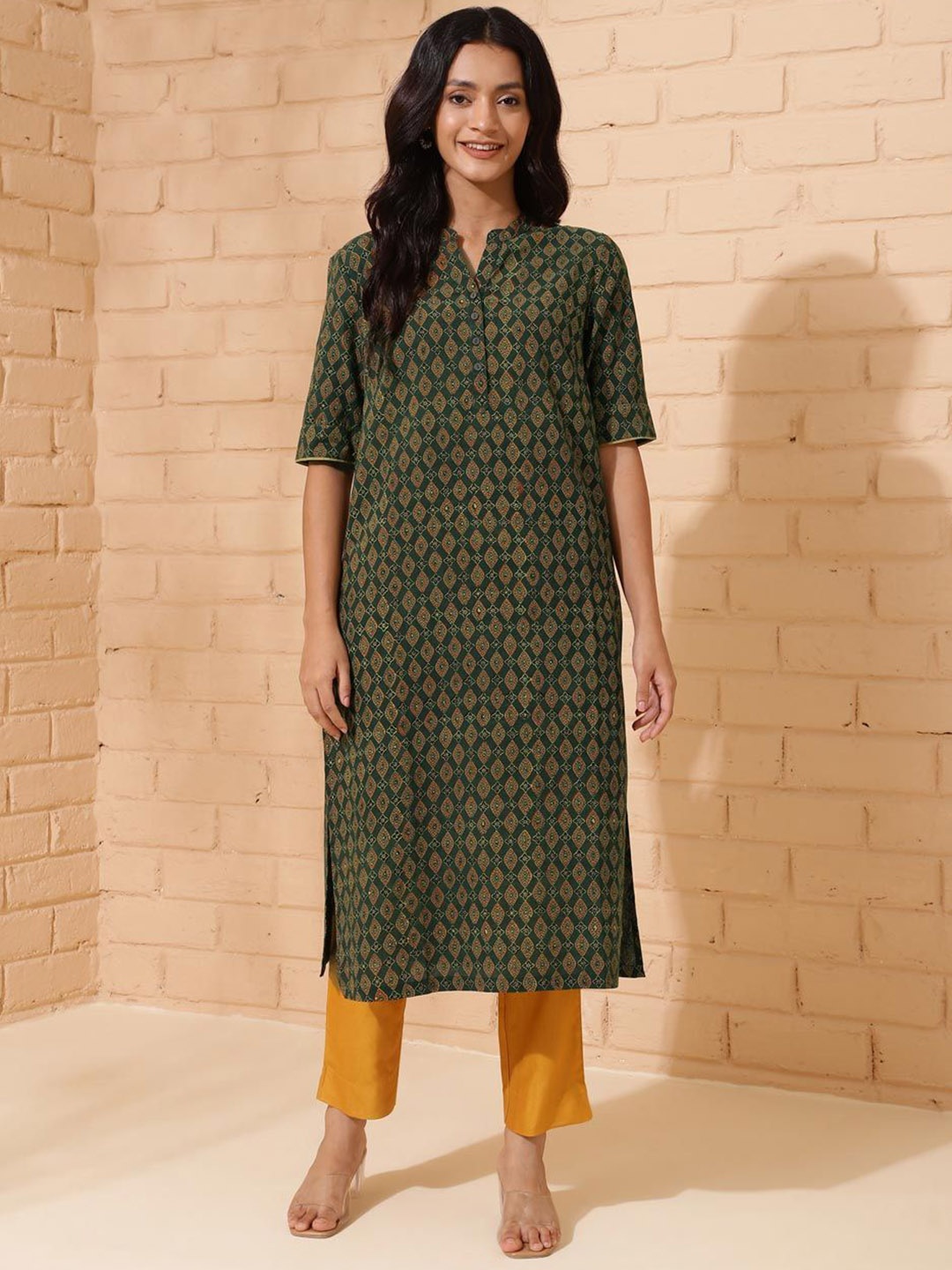 

Fabindia Ethnic Motifs Printed Mandarin Collar A-Line Kurta, Green
