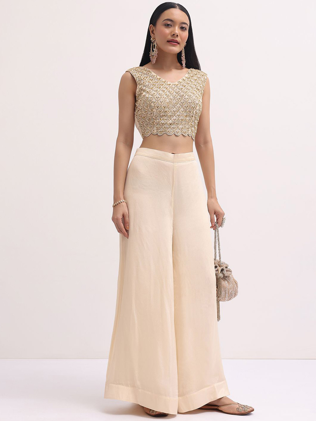 

KALKI Fashion Embroidered V-Neck Top With Palazzo & Shrug, Cream