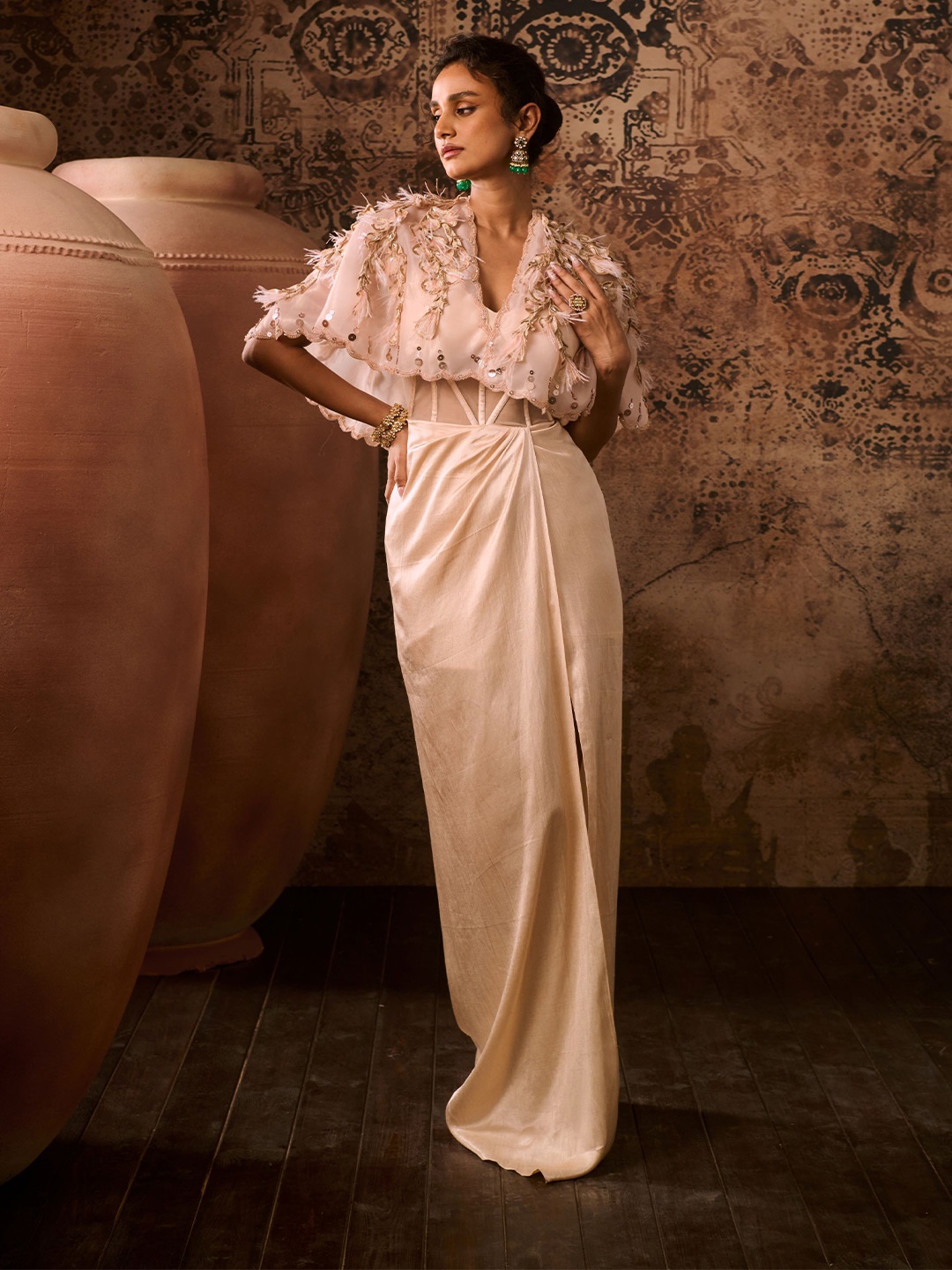 

Masumi Mewawalla V-Neck Cape Sleeves Maxi Dress, Peach